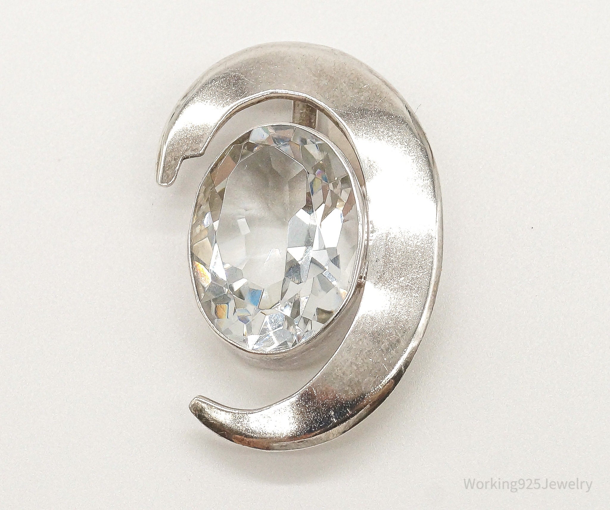 Vintage Large White Quartz Modernist Sterling Silver Brooch Pin