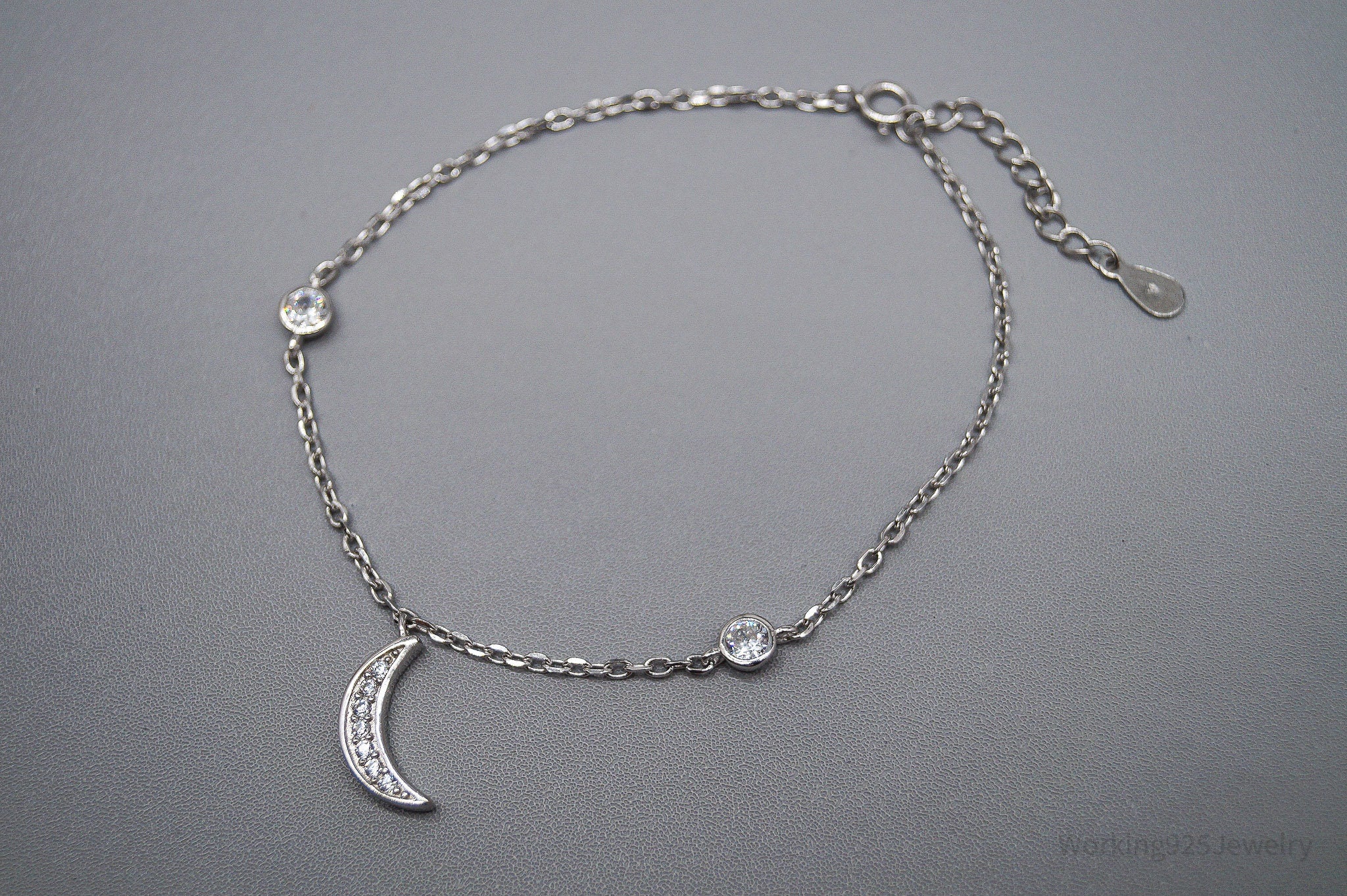 Vintage Cubic Zirconia Moon Charm Sterling Silver Bracelet - 8.25"