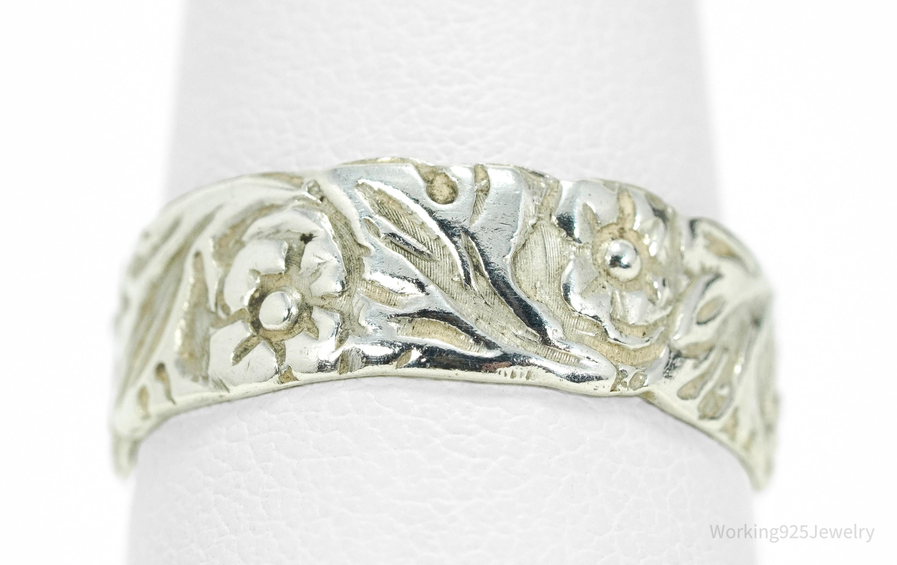 Vintage Floral Flowers Pattern Sterling Silver Band Ring - Size 7.5