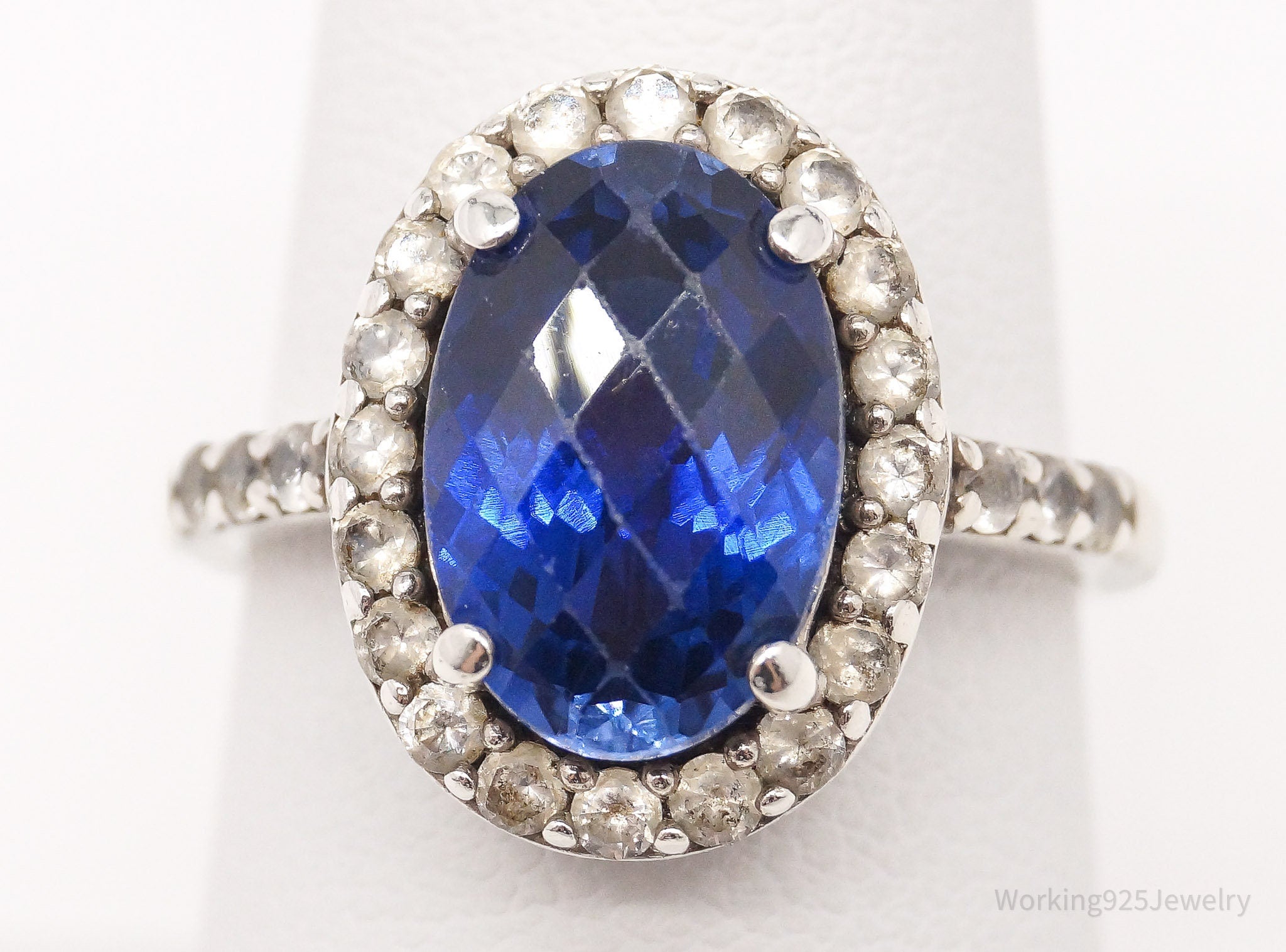 Vintage Blue & White Lab Sapphire Sterling Silver Ring - Size 7.5