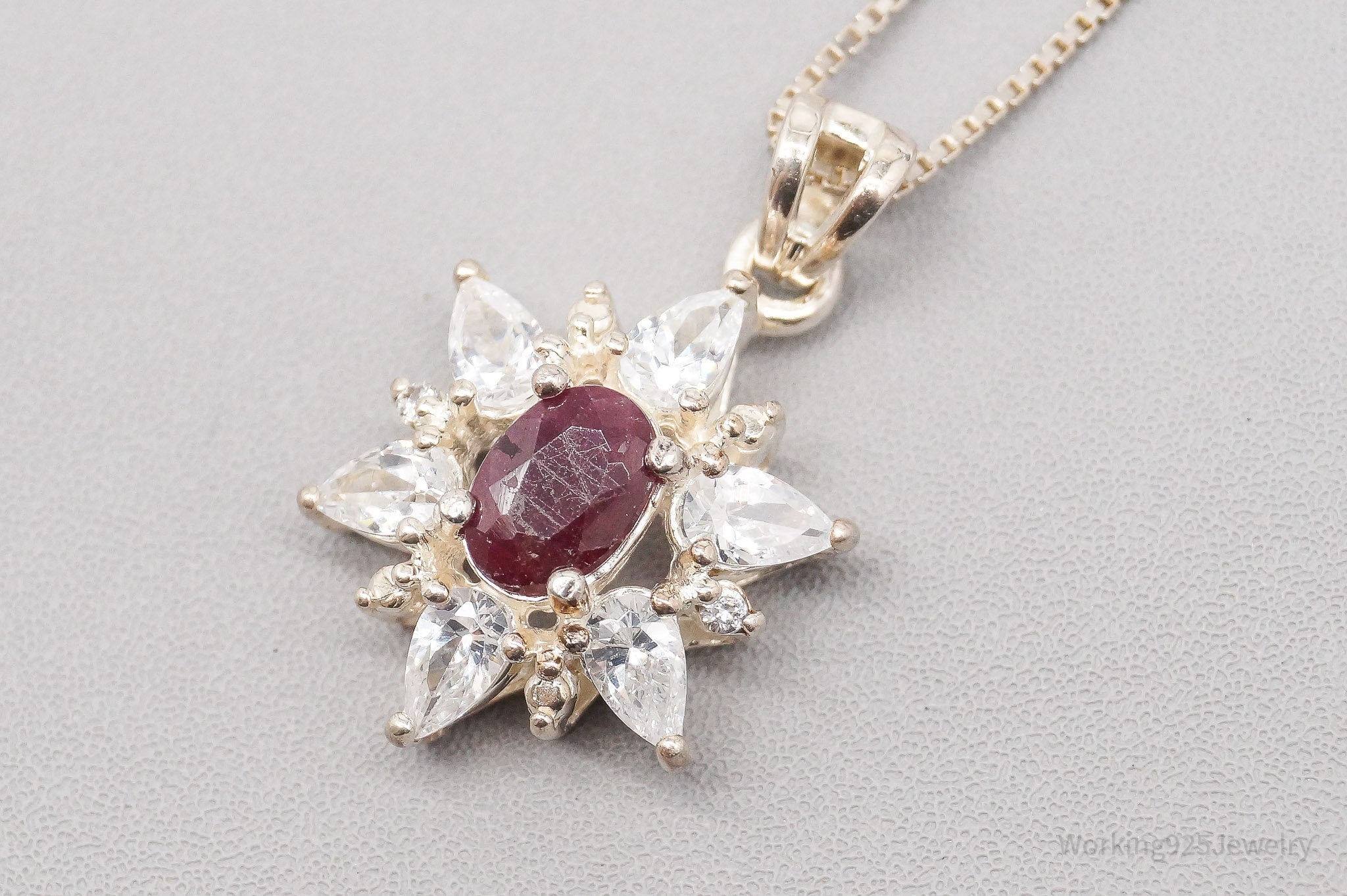 Vintage Raw Cut Ruby Cubic Zirconia Flower Sterling Silver Necklace 18"