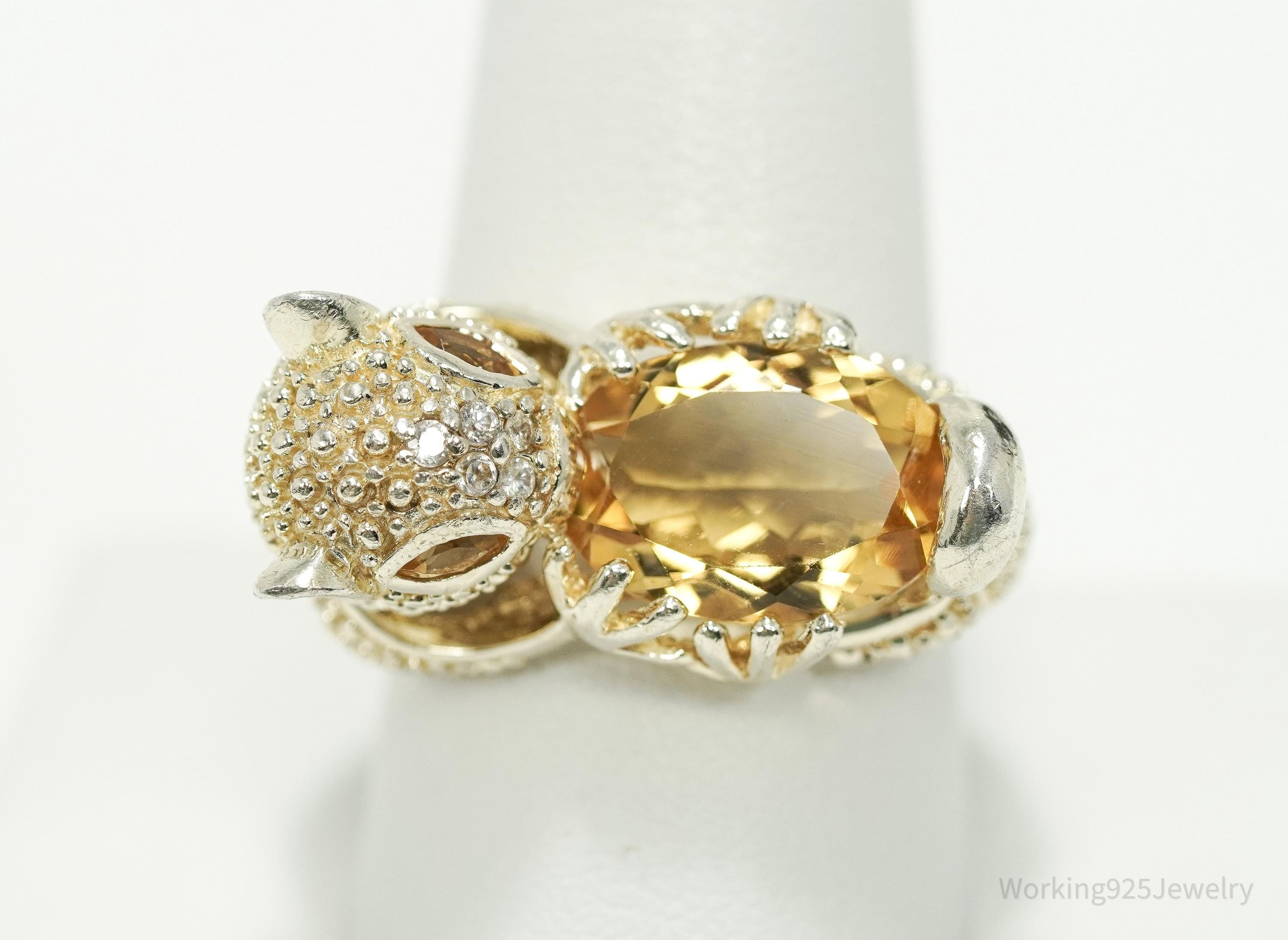 Vintage Citrine & Cubic Zirconia Gold Vermeil Sterling Silver Animal Ring - Size 10