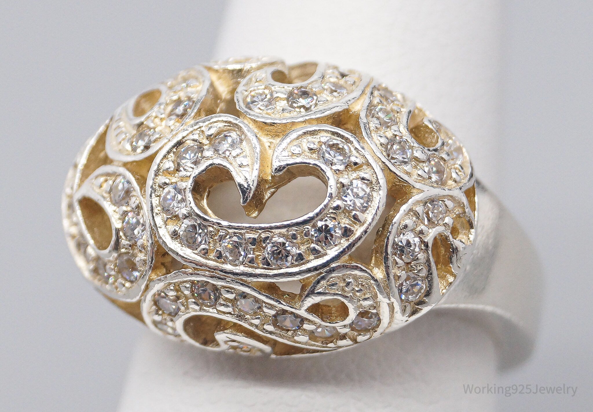Vintage Cubic Zirconia Art Deco Swirls Scrolls Sterling Silver Ring - Size 7