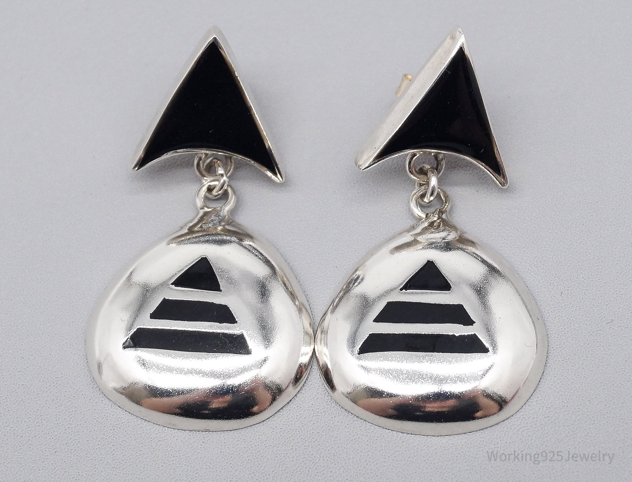 Vintage Large Mexico Modernist Style Black Enamel Sterling Silver Earrings