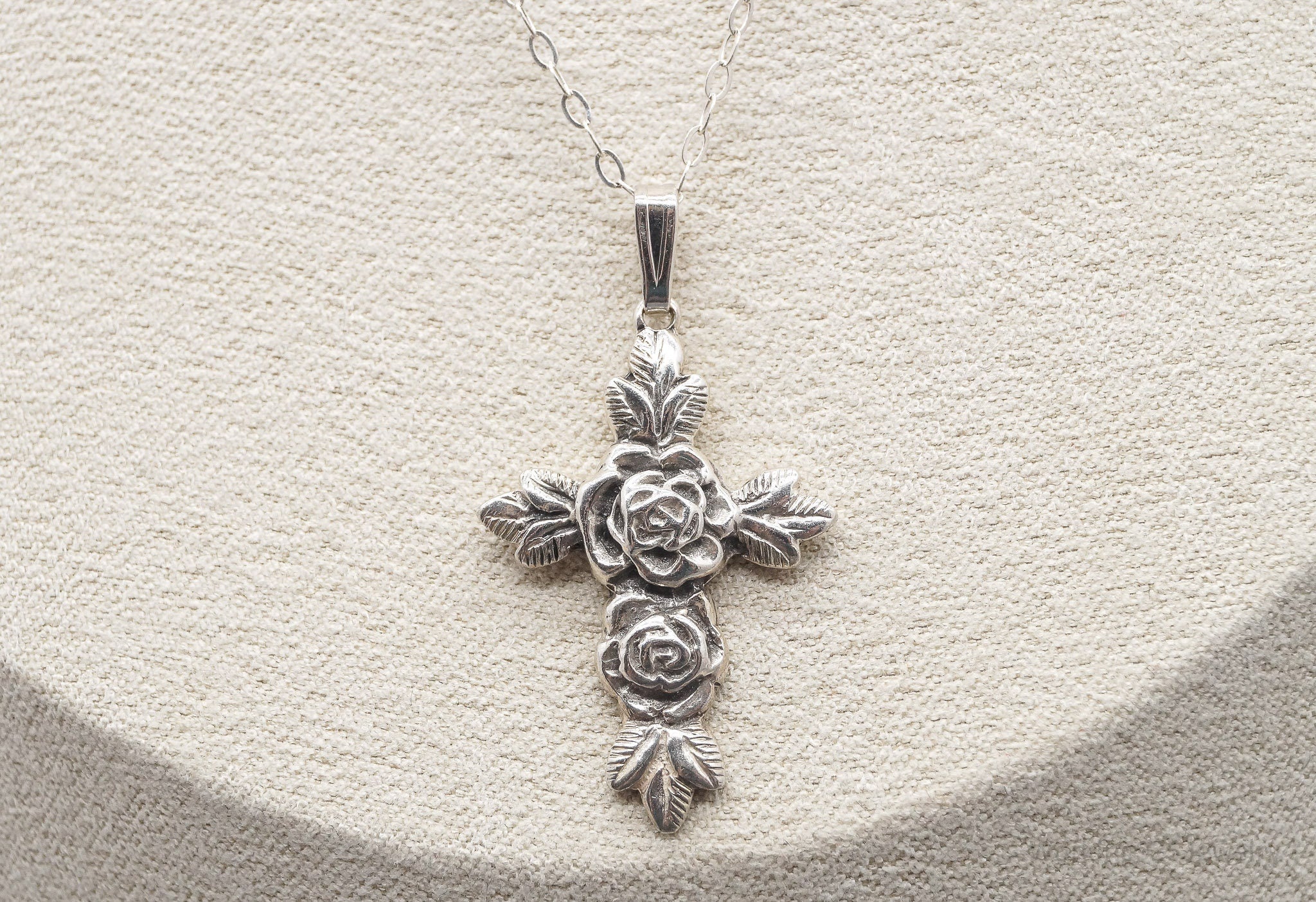 Vintage Rose Cross Sterling Silver Necklace 17"