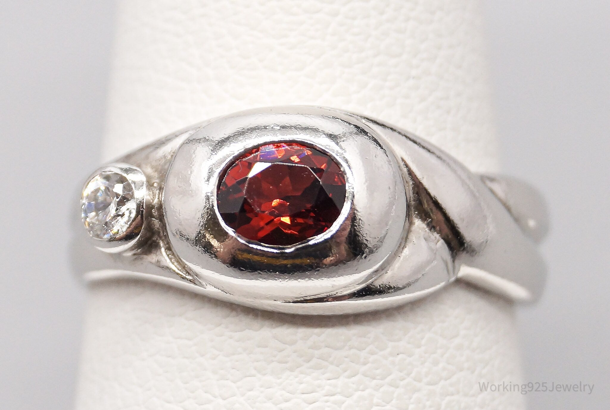 Vintage Garnet & Cubic Zirconia Sterling Silver Ring - Size 6.75