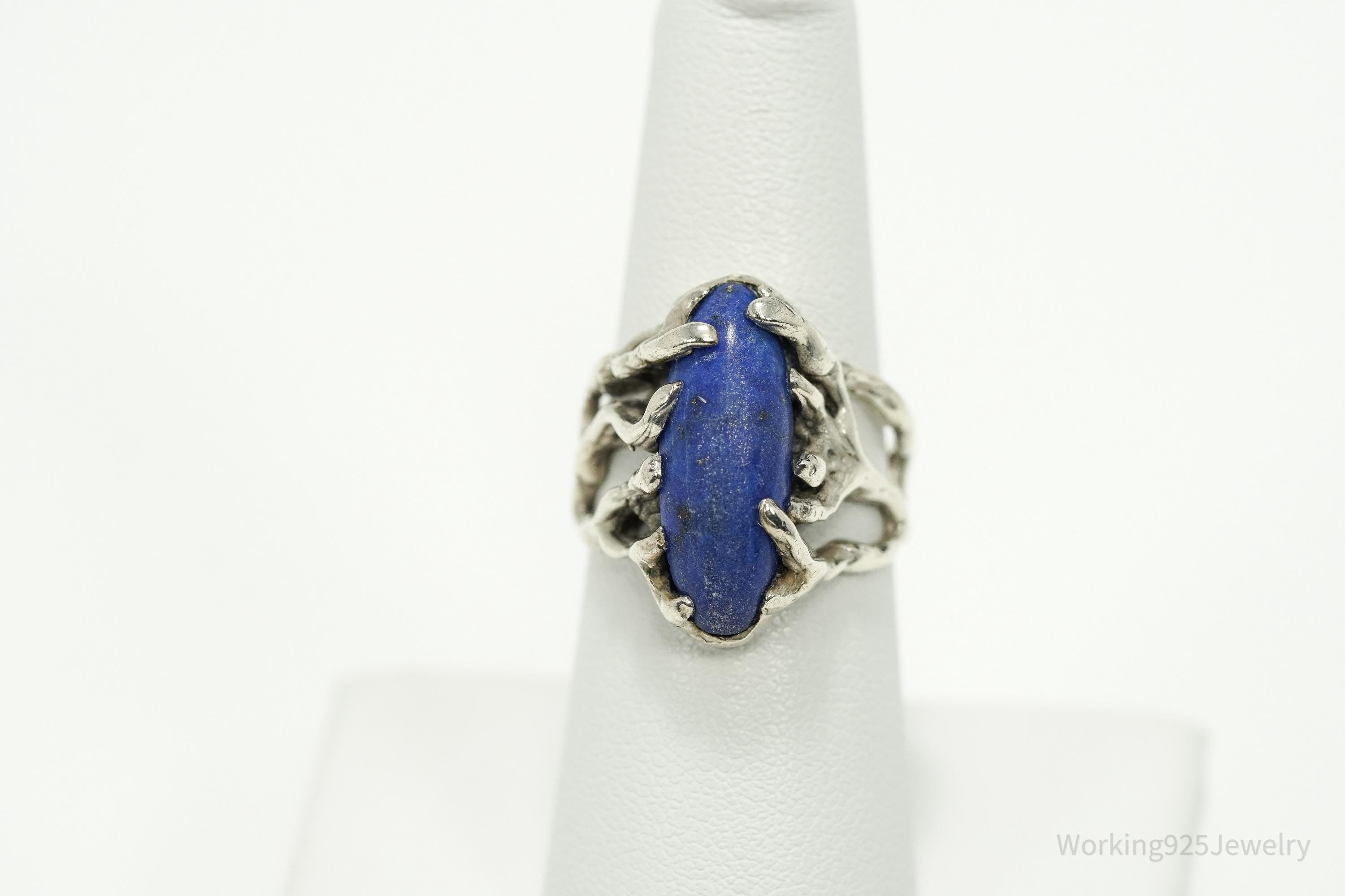 Vintage Brutalist Modernist Style Lapis Lazuli Silver Ring - Size 6.75