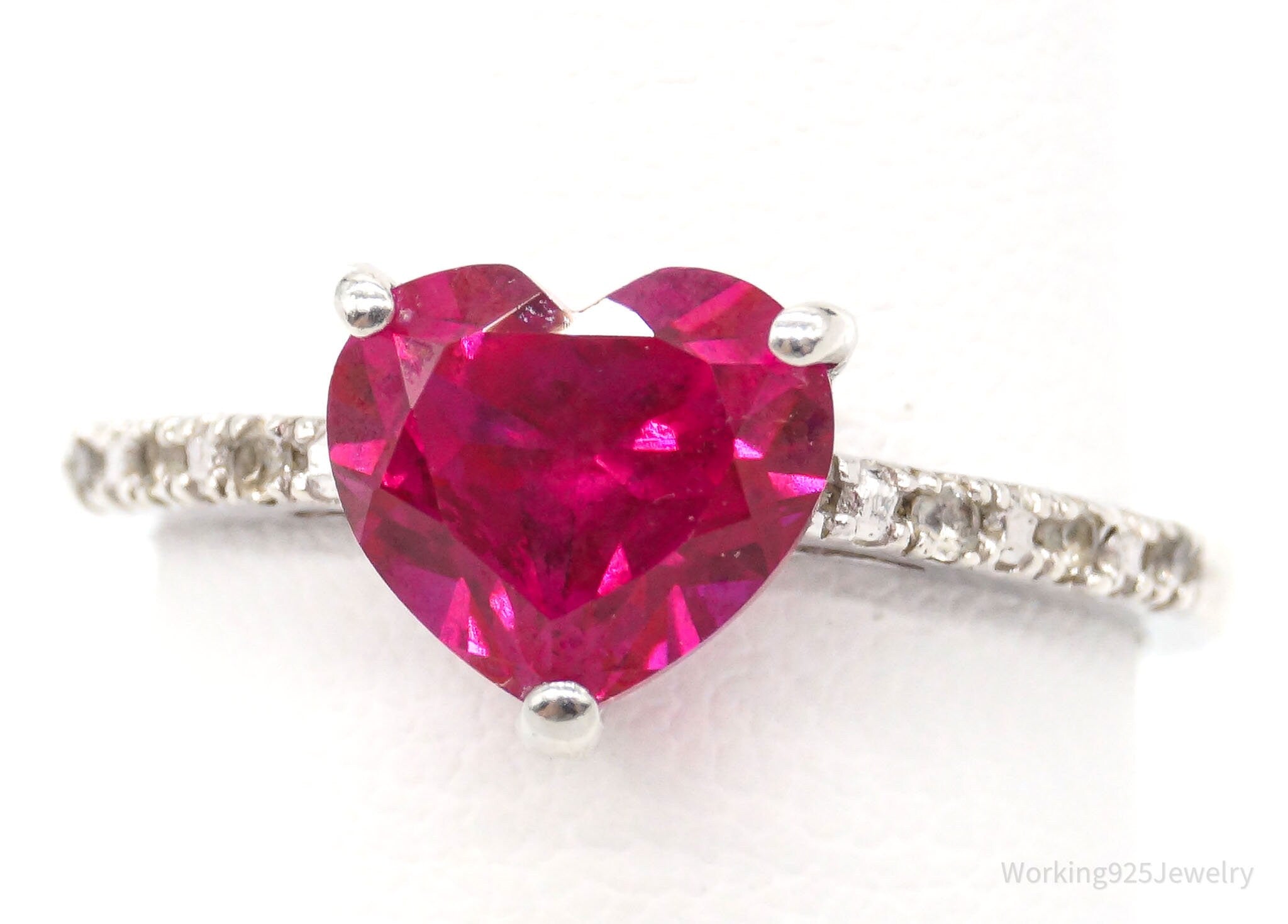 Vintage Ruby Heart Cubic Zirconia Sterling Silver Ring - Size 6.75