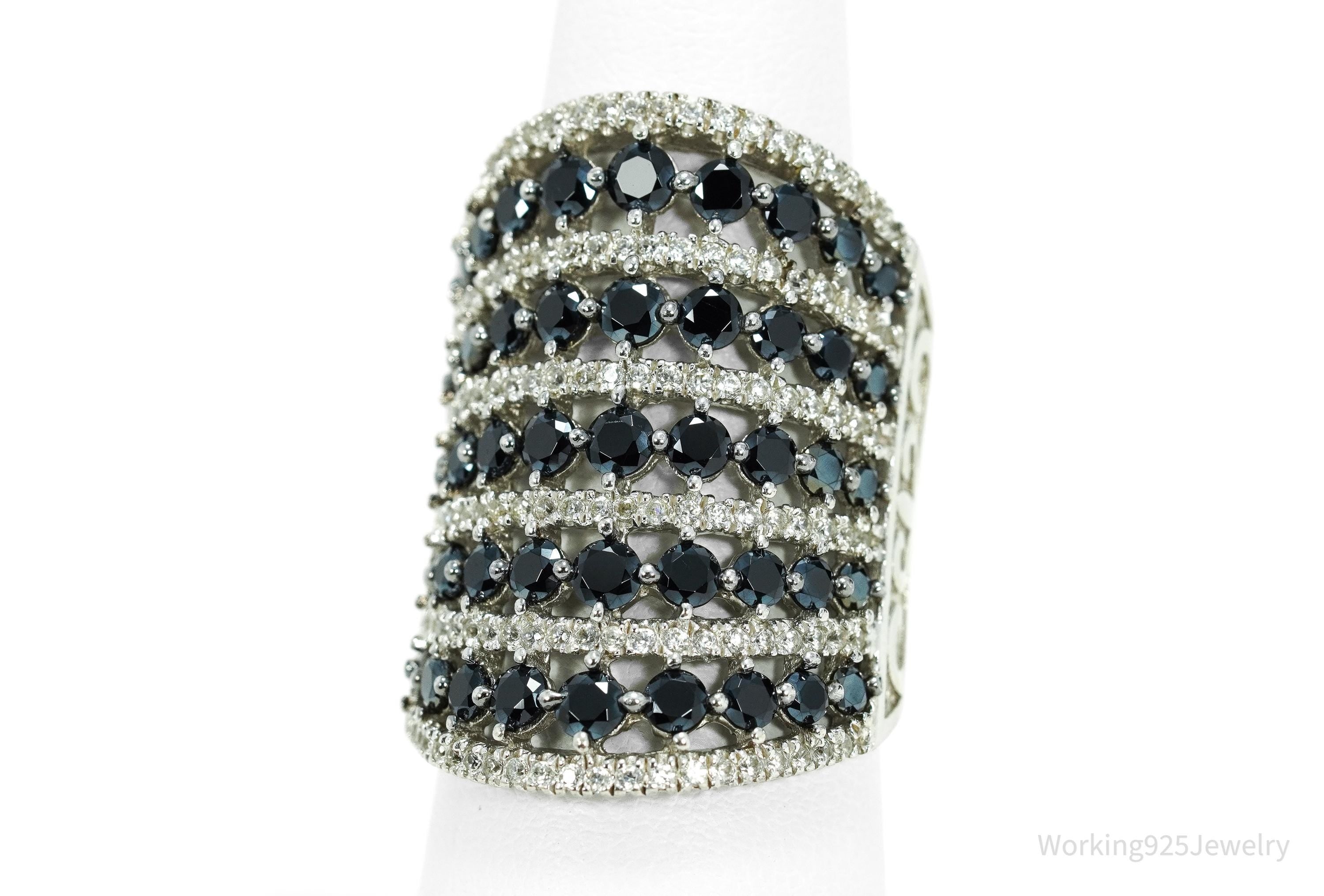 Vintage Black Spinel & White Topaz Sterling Silver Ring - Size 7