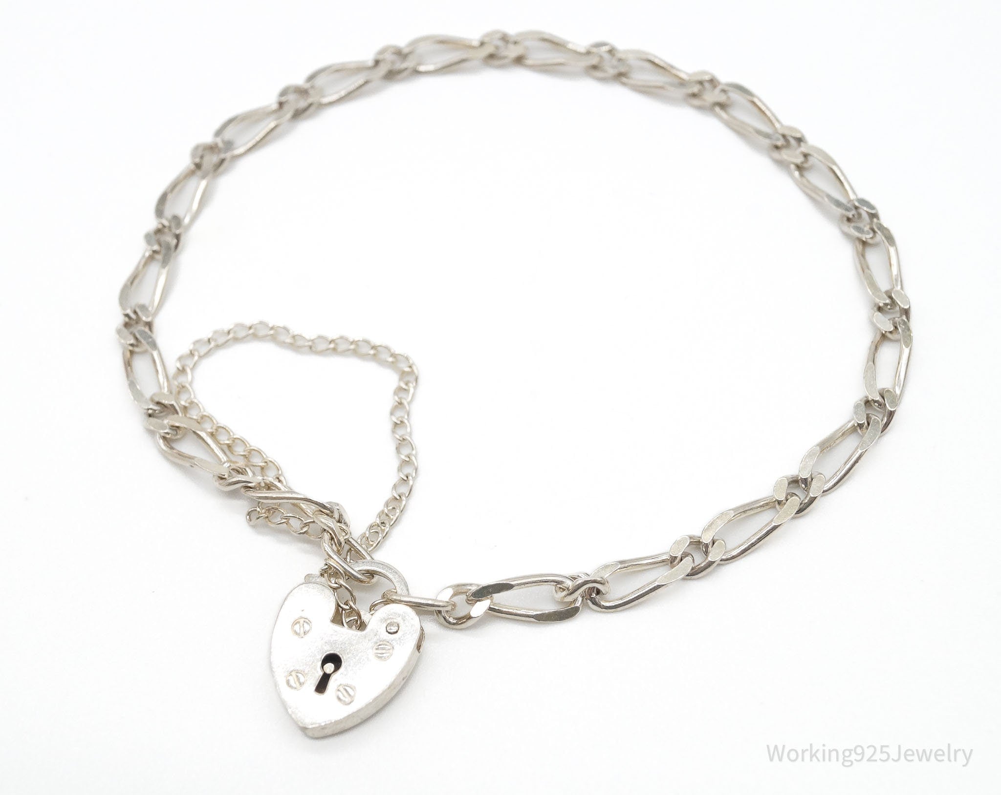 Antique Heart Pad Lock Charm Closure Sterling Silver Pressure Release Bracelet