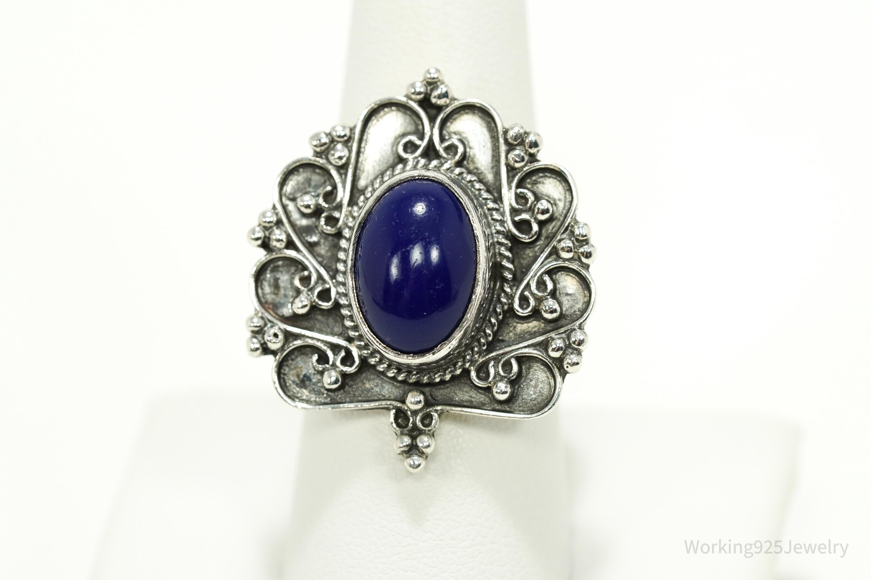 Vintage Egyptian Revival Style Blue Lapis Lazuli Silver Ring - Size 8.25