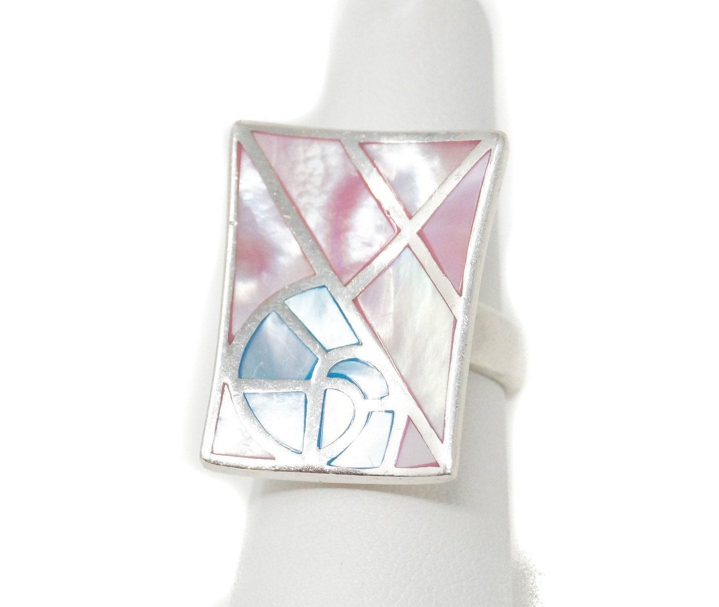 Vintage Pink Blue Mother Of Pearl Pearl Art Deco Ring Sterling Silver Sz 5.5