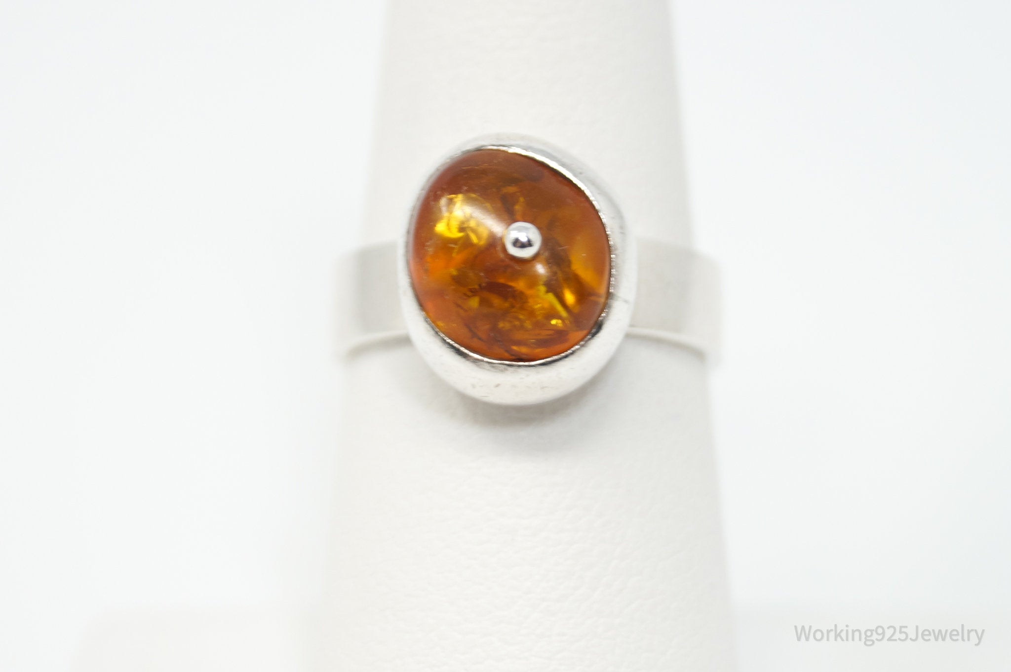 Vintage Unique Baltic Amber Sterling Silver Dot Ring - Size 7