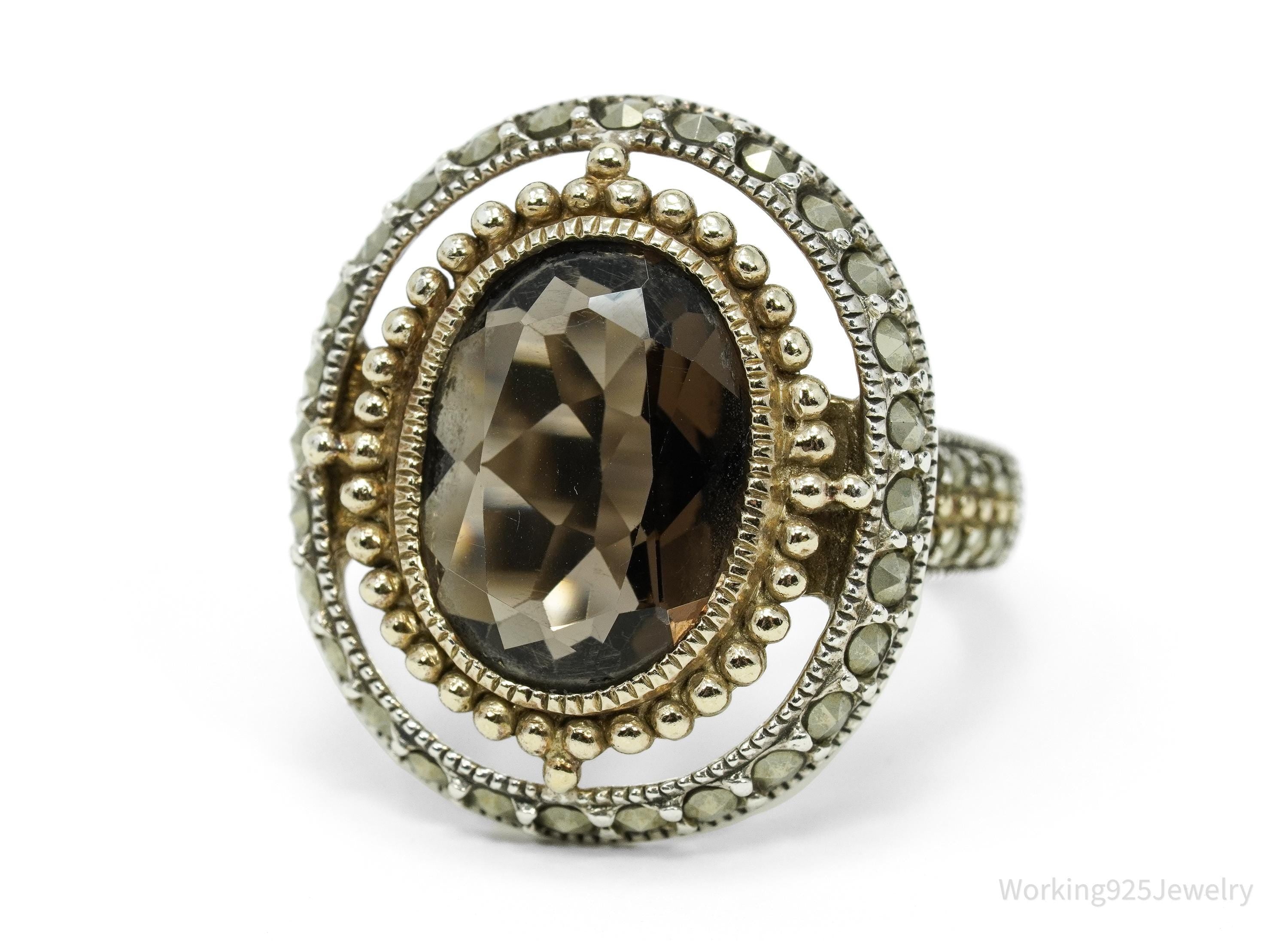 Vintage Designer Judith Jack Smoky Topaz & Marcasite Gold Vermeil Sterling Silver Ring Size 7.25