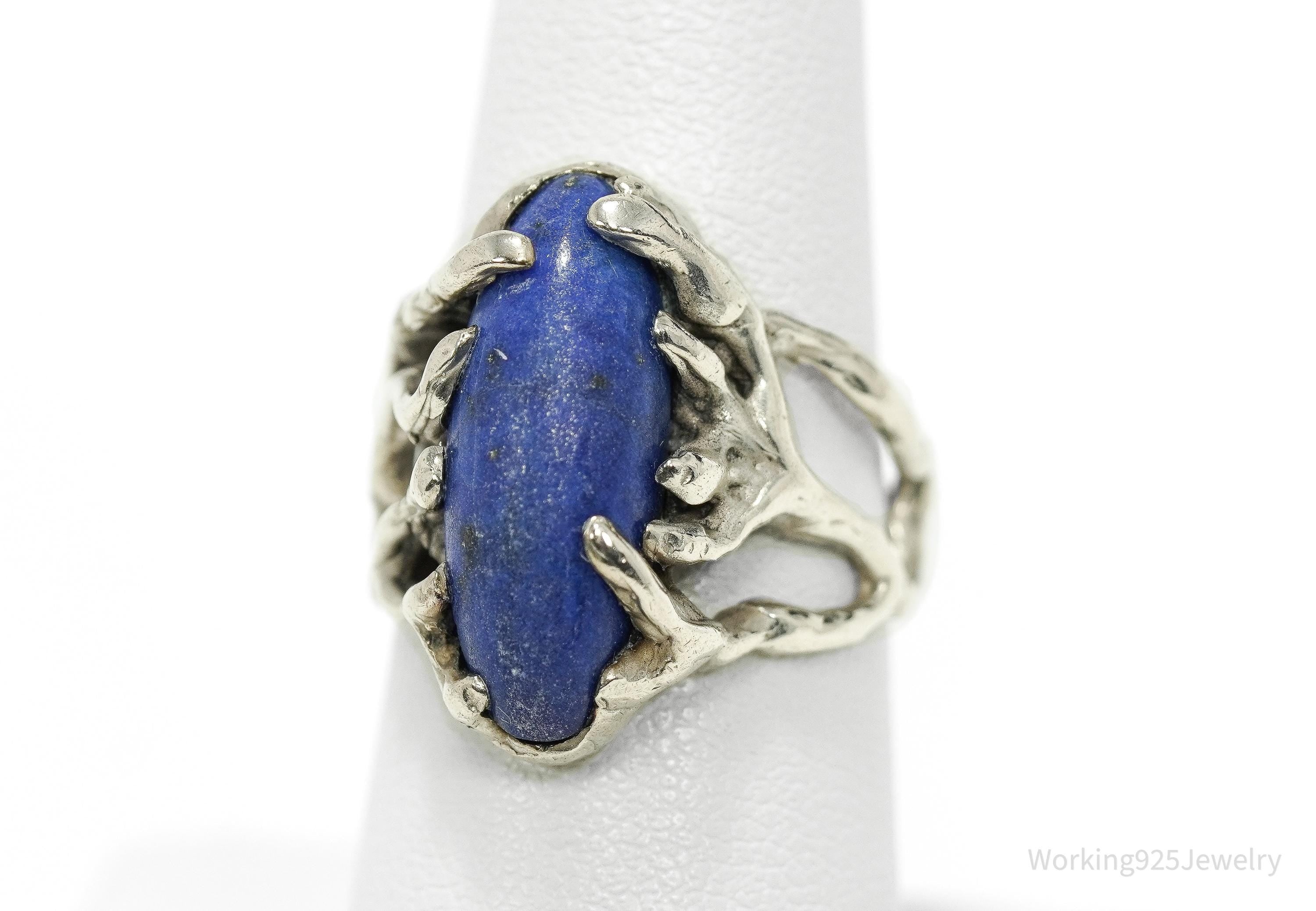 Vintage Brutalist Modernist Style Lapis Lazuli Silver Ring - Size 6.75