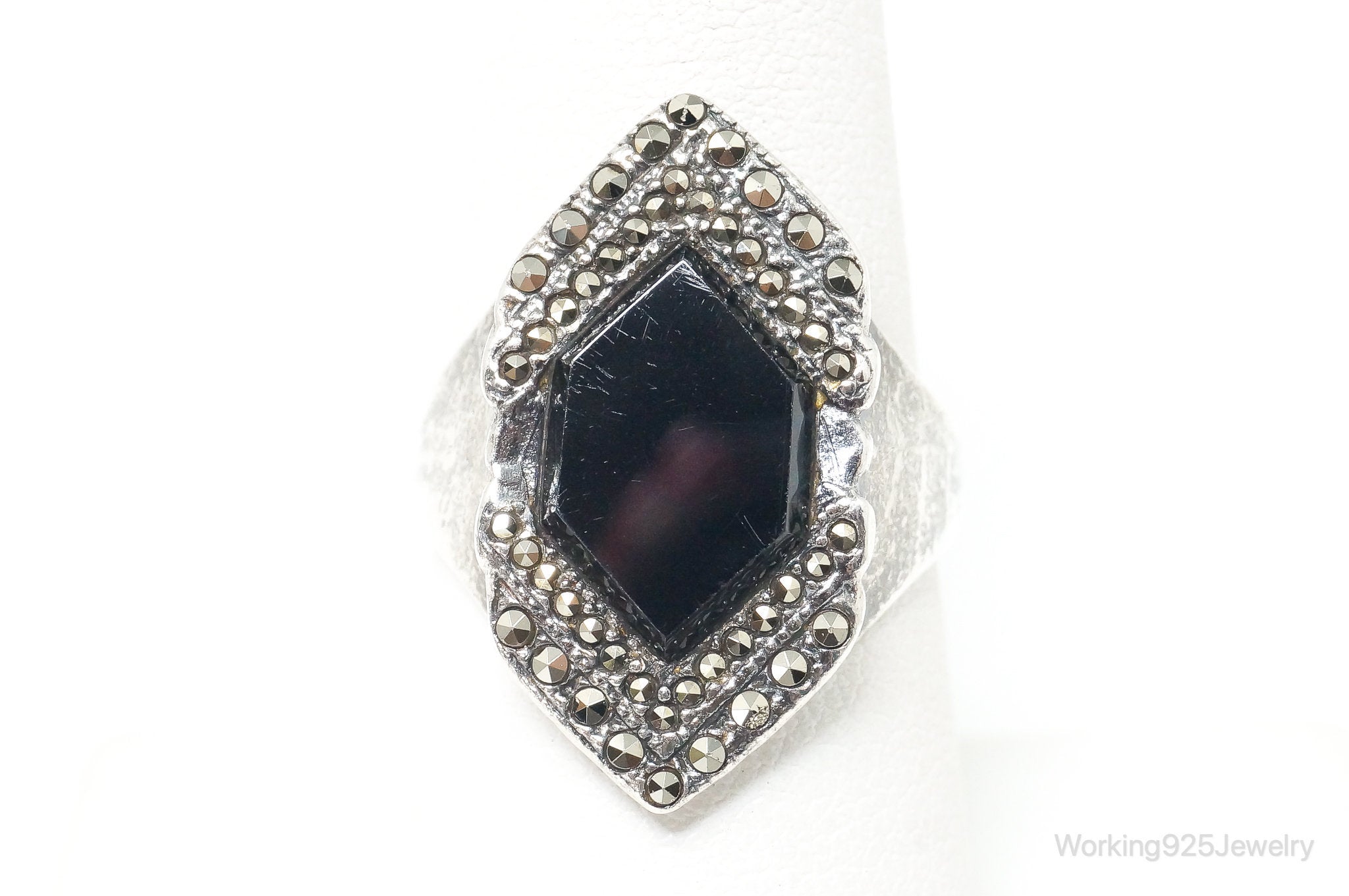 VTG Art Deco Marcasite Black Onyx Sterling Silver Statement Ring - SZ 7.5