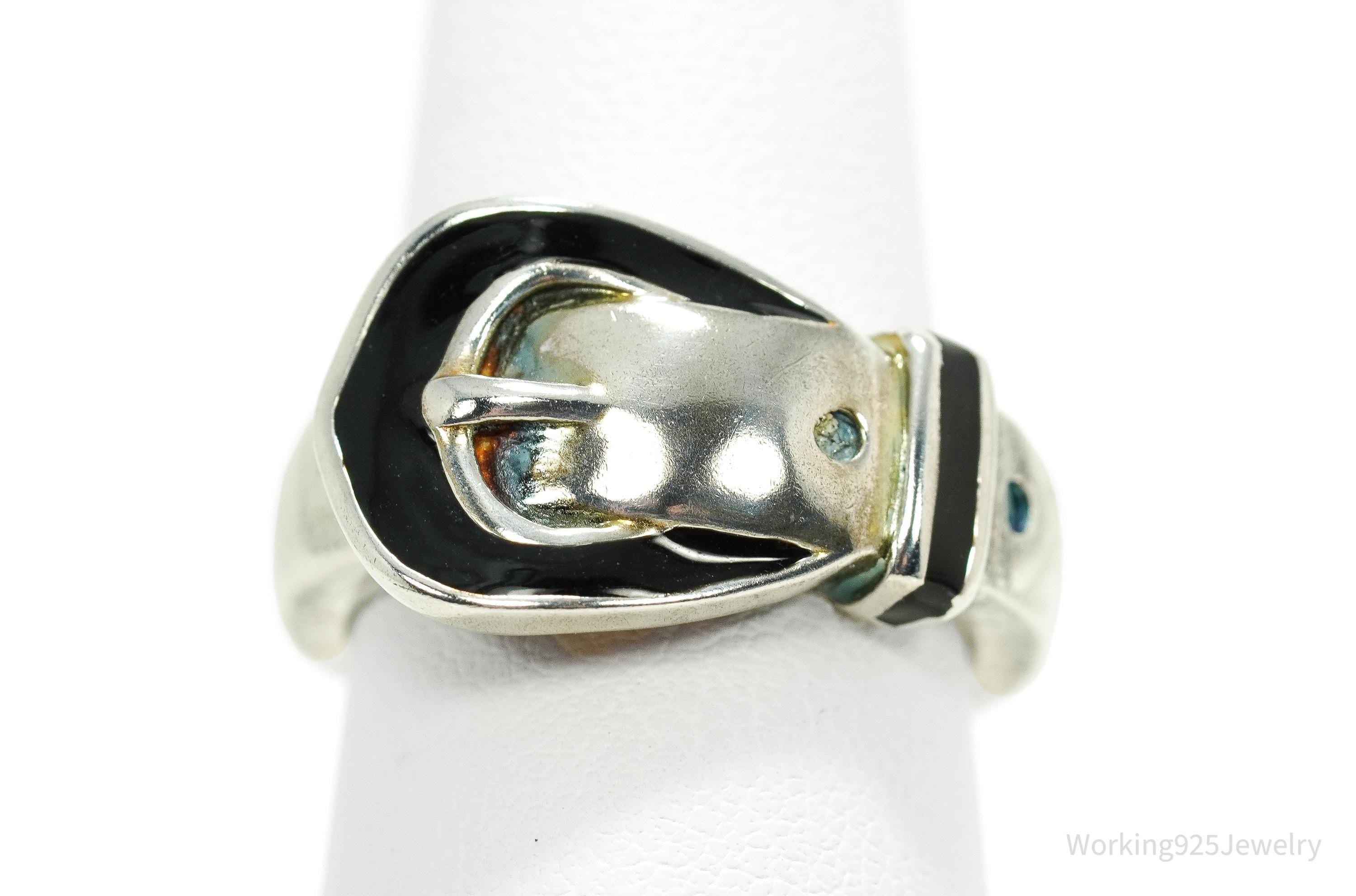 Vintage Belt Buckle Black Enamel Sterling Silver Ring - Size 7.25