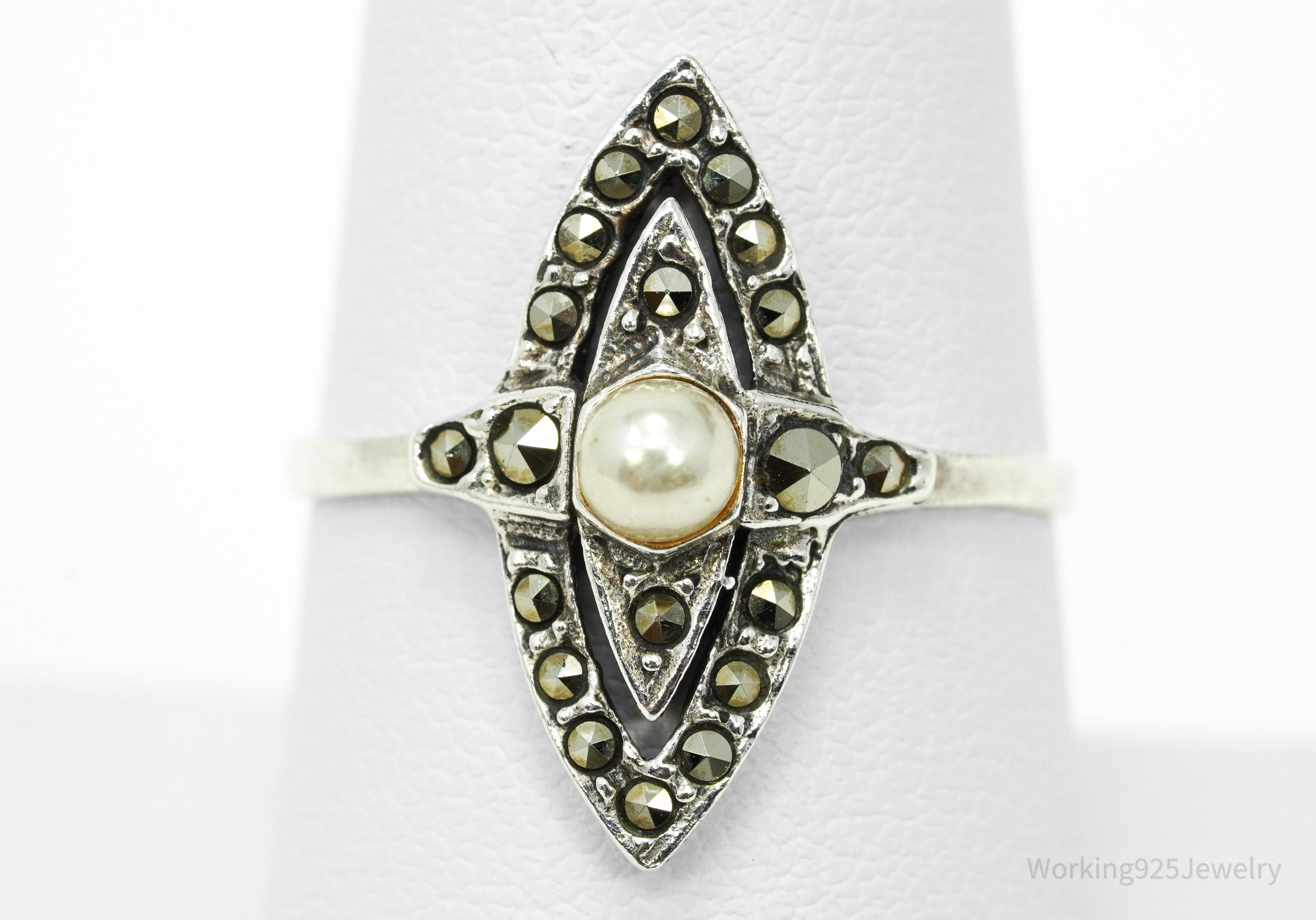 Vintage Pearl & Marcasite Sterling Silver Ring - Size 8.25