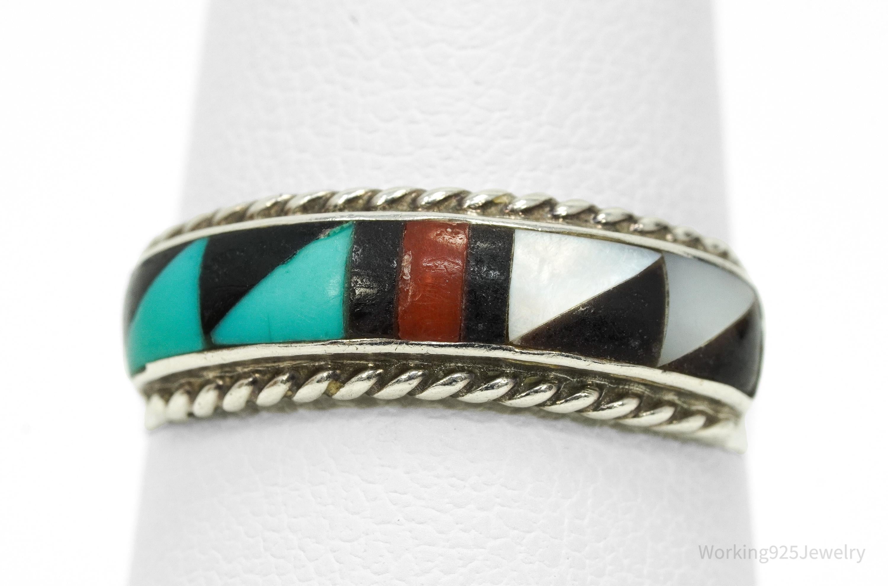 Vintage Native American Roger Skeet Multi Gem Inlay Sterling Silver Ring Size 8