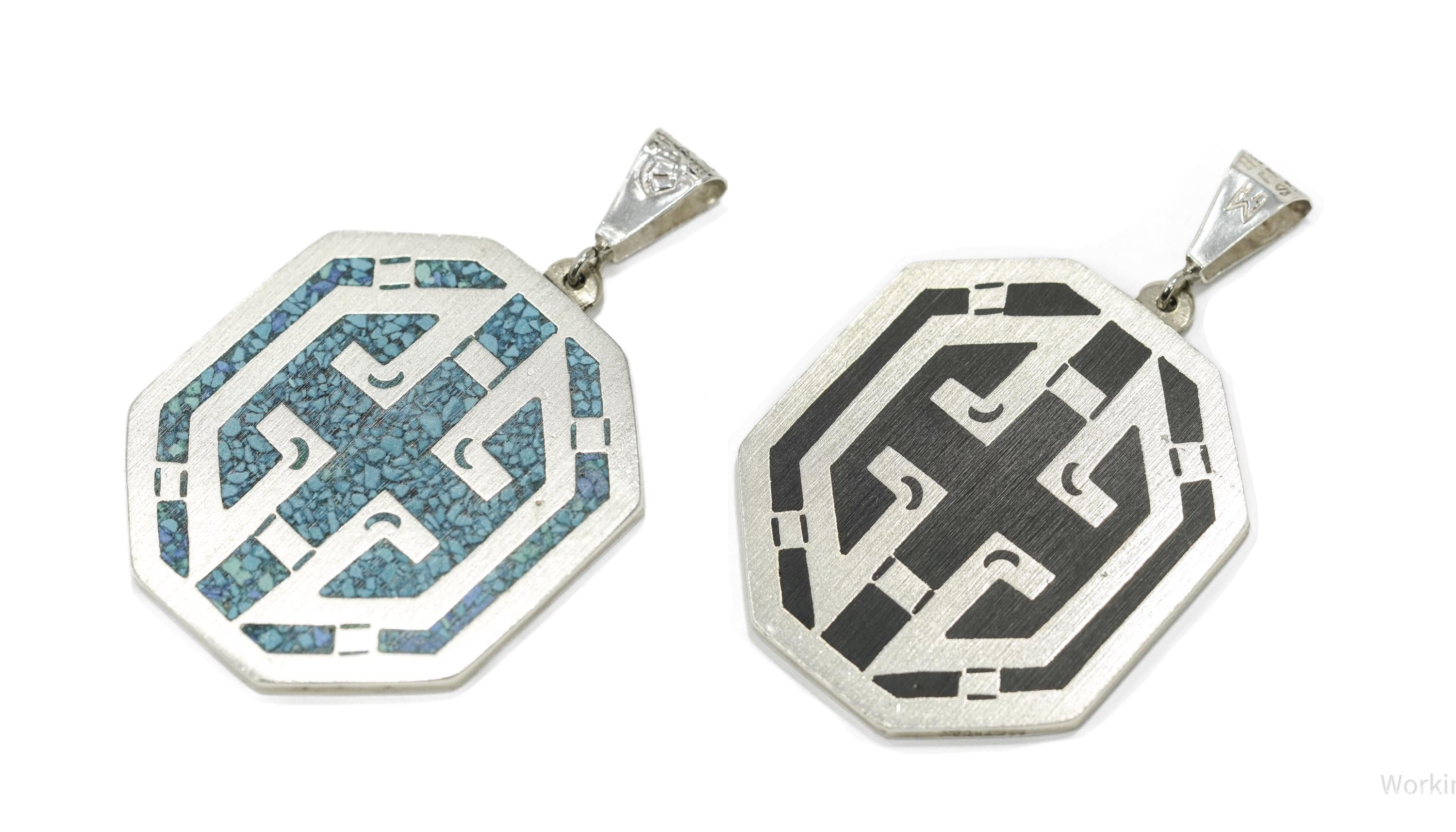 Vintage Large Mexico Inlay Reversible Sterling Silver Necklace Pendant