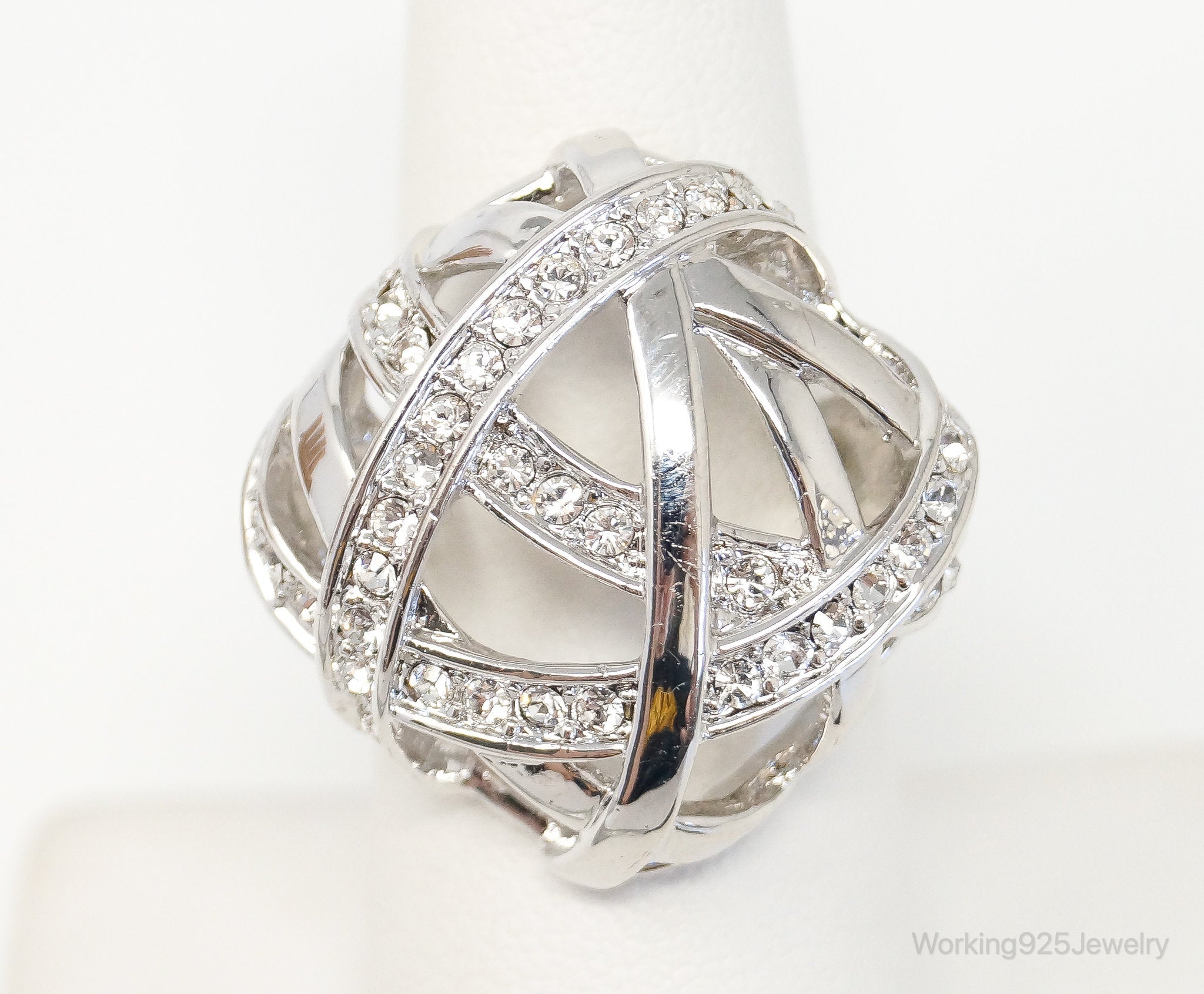 Vintage Silver Enamel Crystals Art Deco Costume Ring Size 7