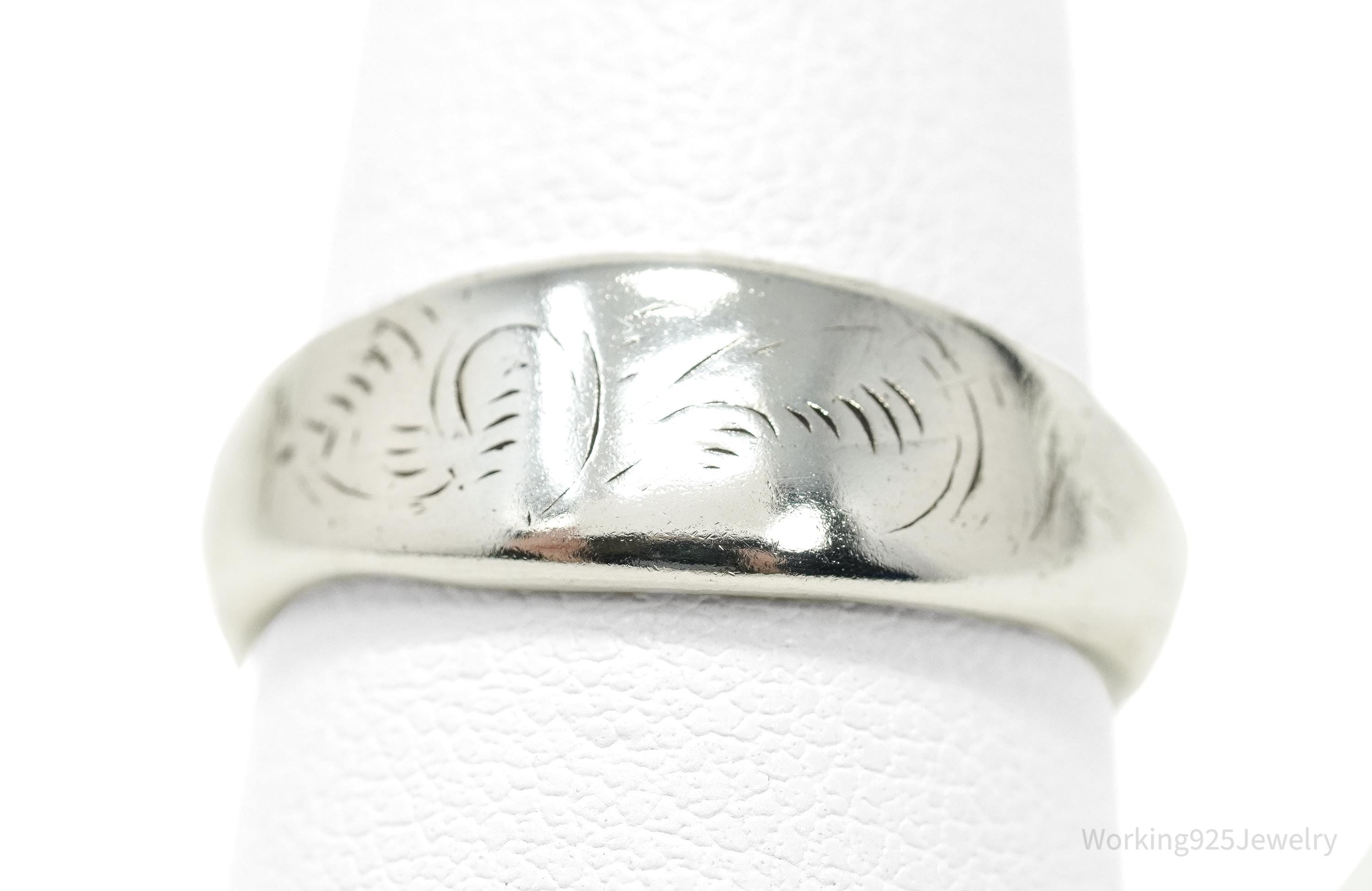 Antique Floral Etched Silver Band Ring - Size 8.25