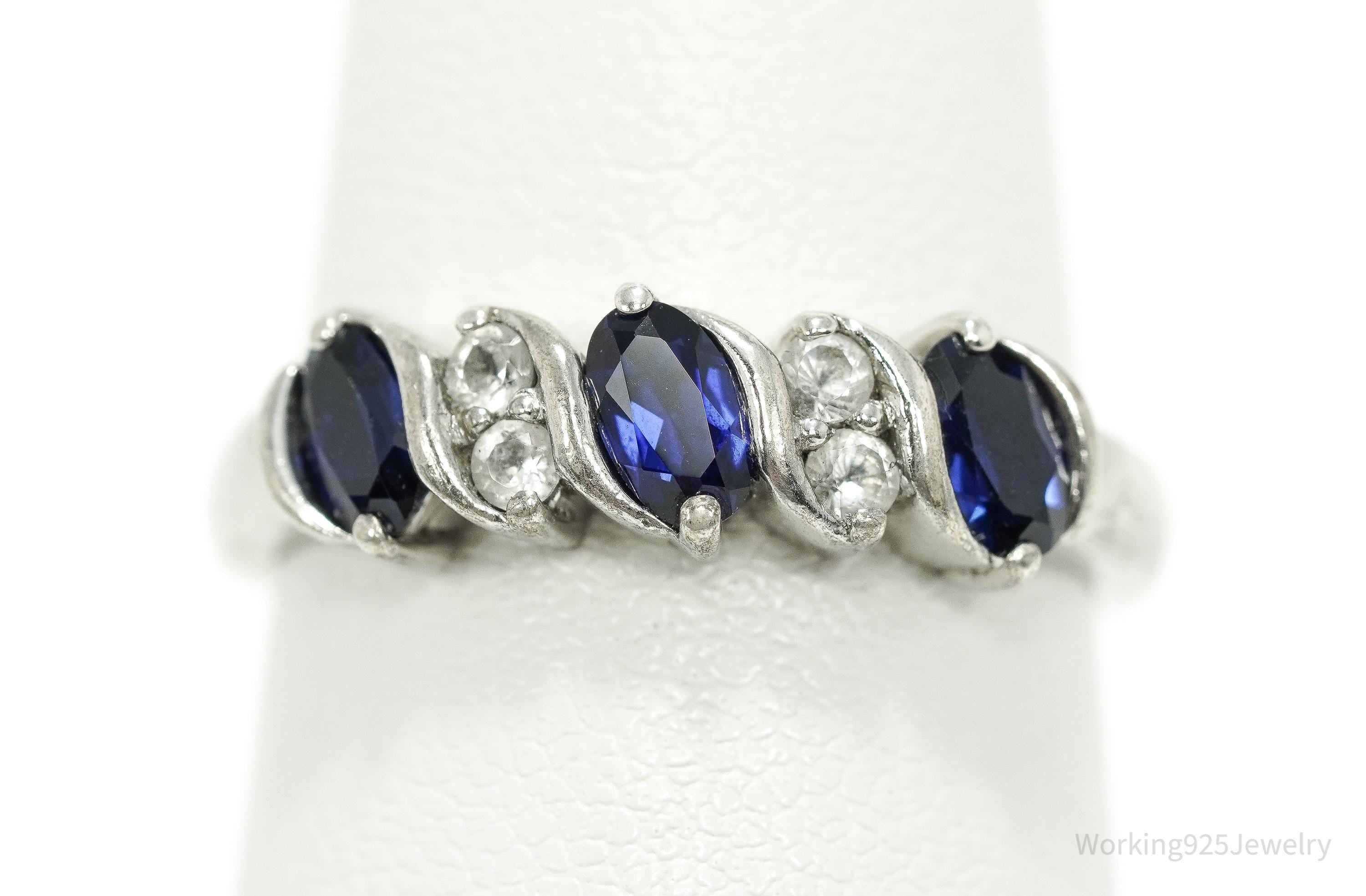 Vintage Lab Sapphire & White Topaz Sterling Silver Ring - Size 7