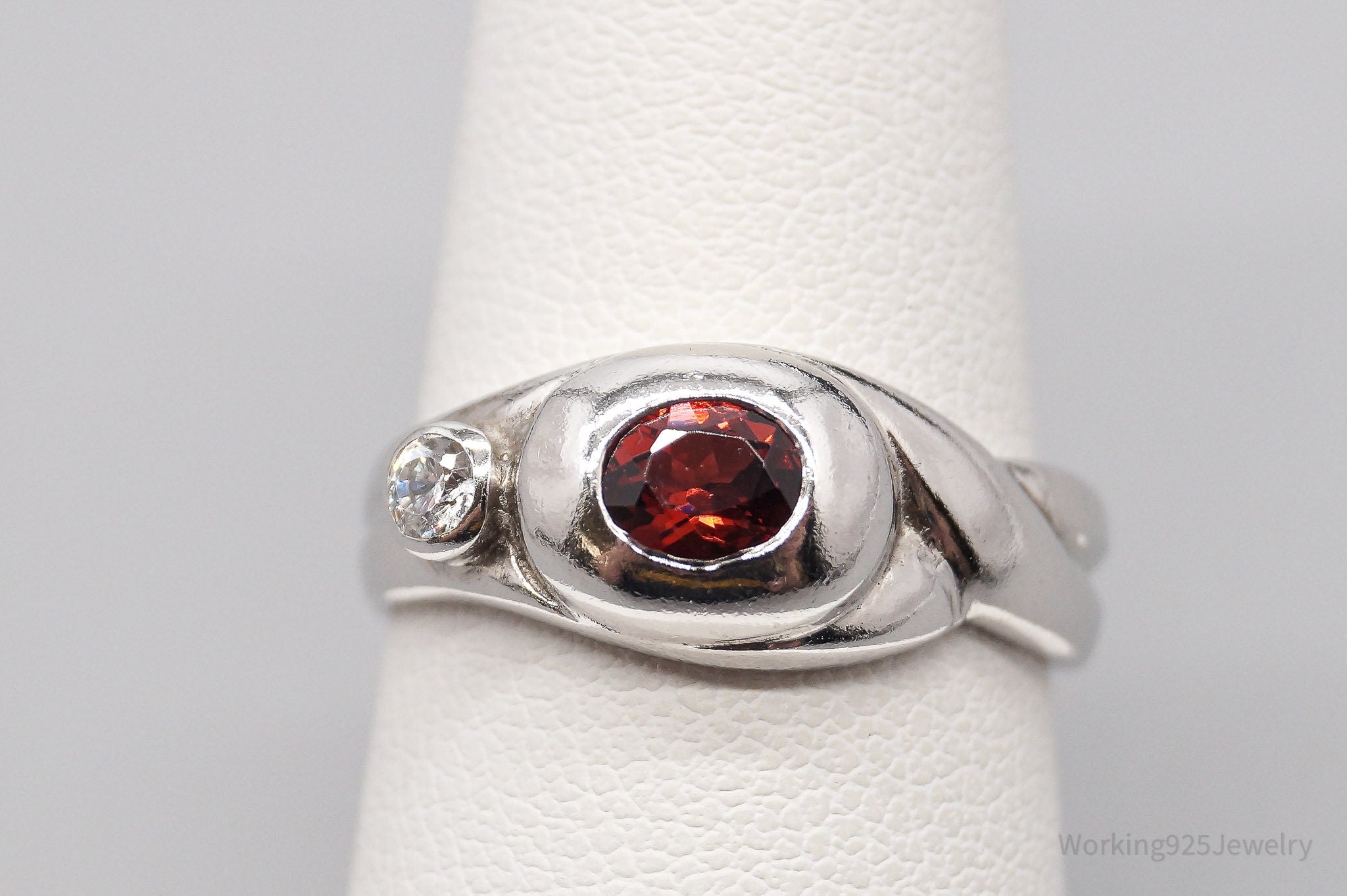 Vintage Garnet & Cubic Zirconia Sterling Silver Ring - Size 6.75