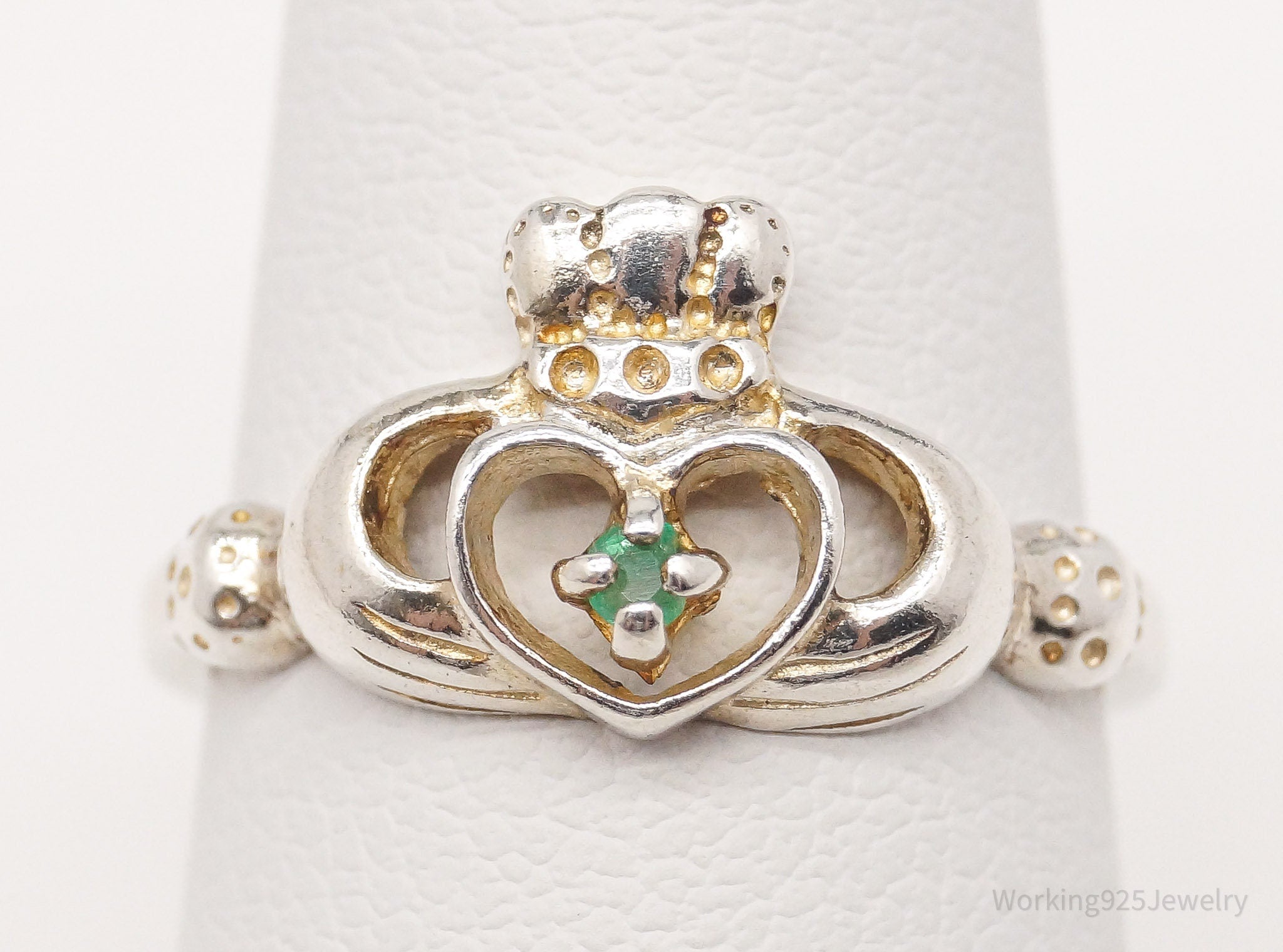 Vintage Emerald Claddagh Sterling Silver Ring Size 5