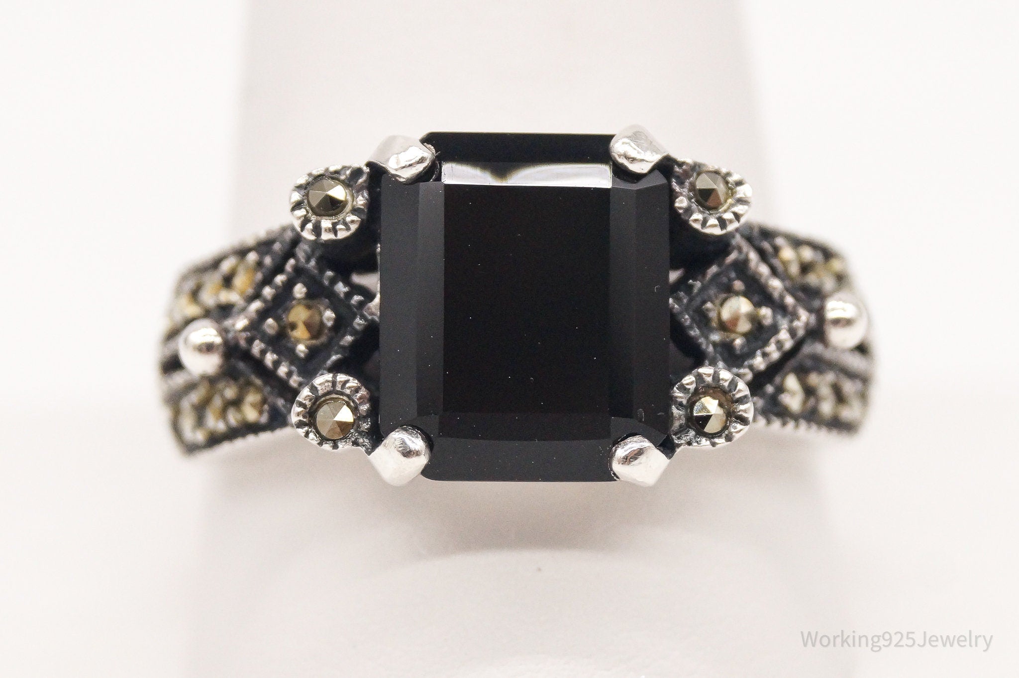 VTG Art Deco Marcasite Black Onyx Sterling Silver Statement Ring - SZ 11