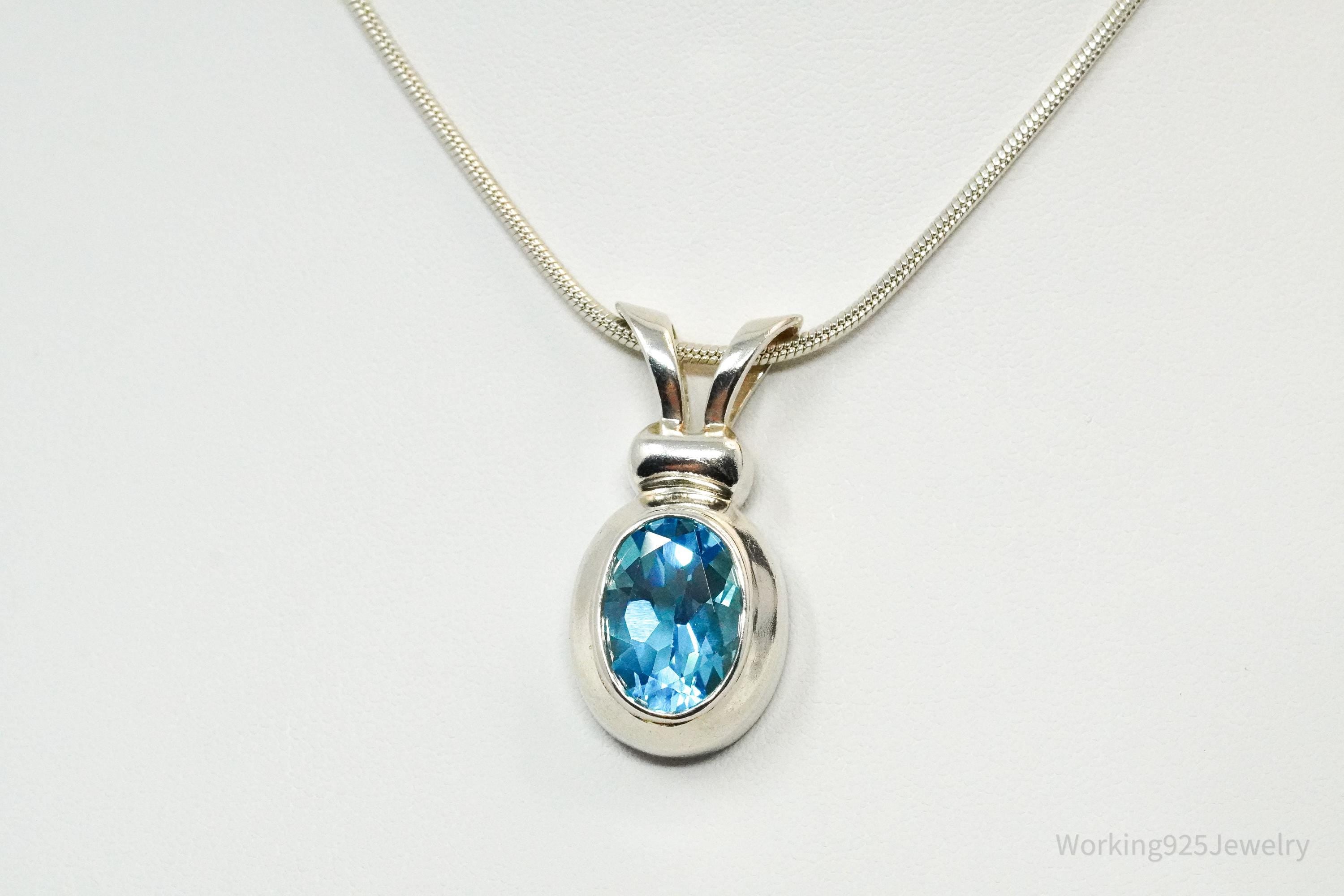 Vintage Large Blue Topaz Sterling Silver Necklace 18"
