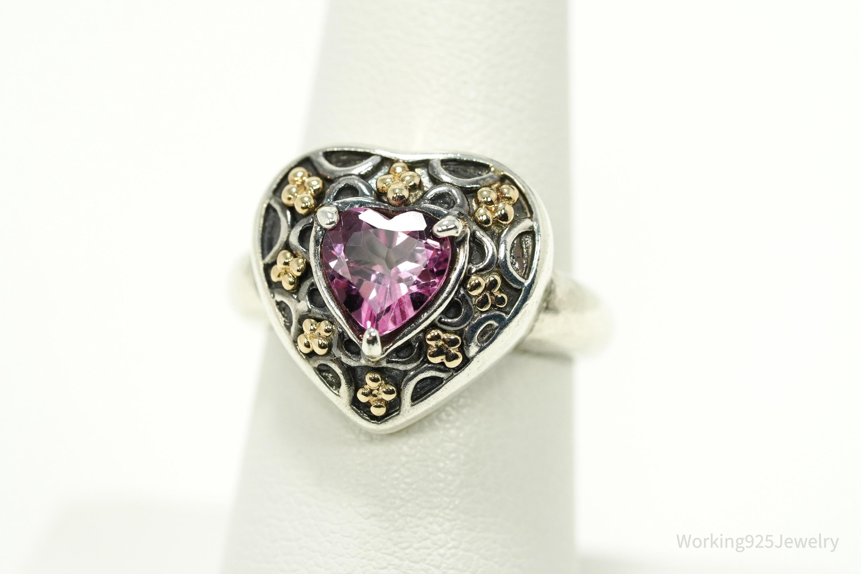 Vintage SLV Pink Topaz 14K Yellow Gold Sterling Silver Ring - Size 7