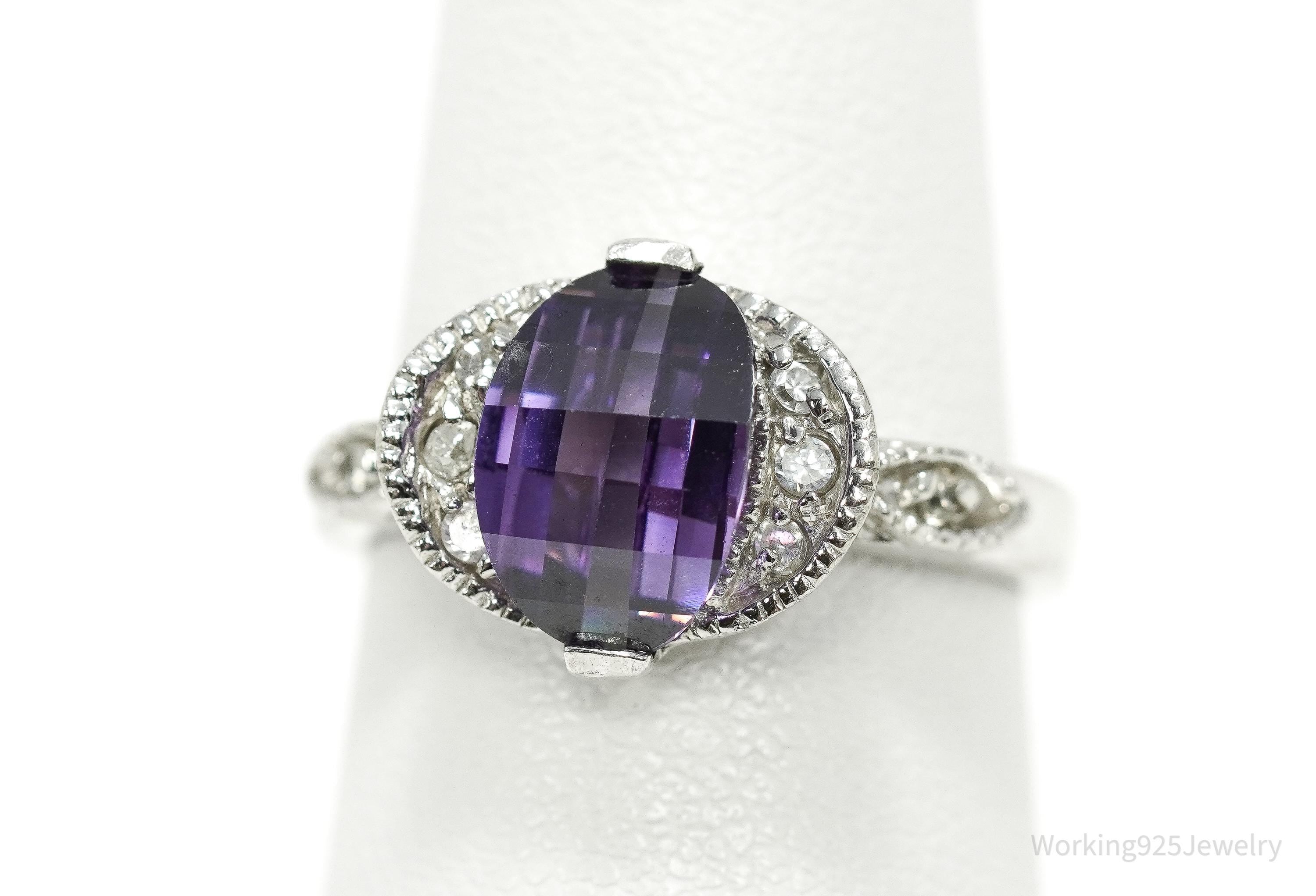 Vintage Amethyst & Cubic Zirconia Sterling Silver Ring - Size 6.5