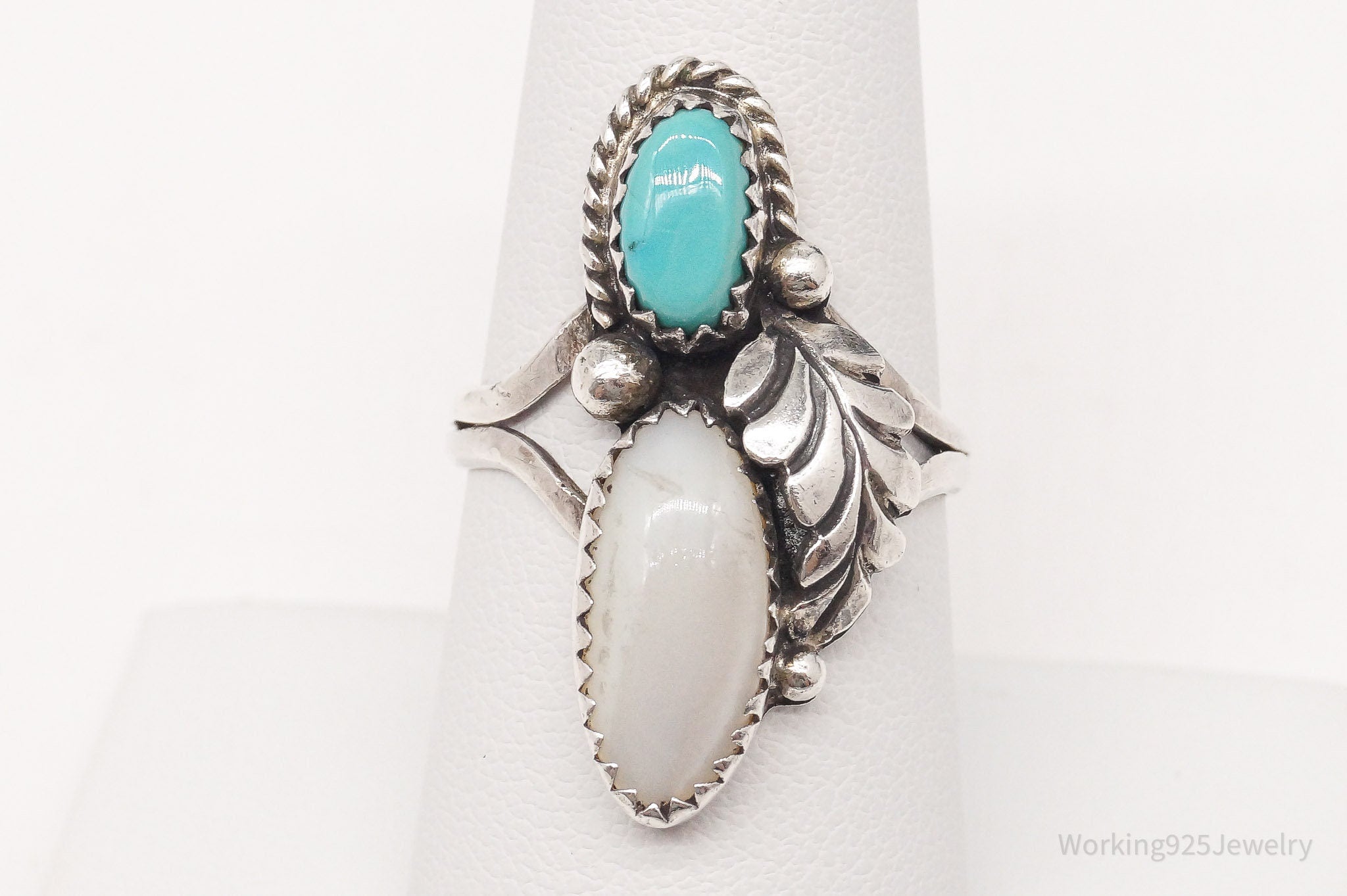 Vintage Native American Turquoise Mother Of Pearl Silver Ring - Size 7.75