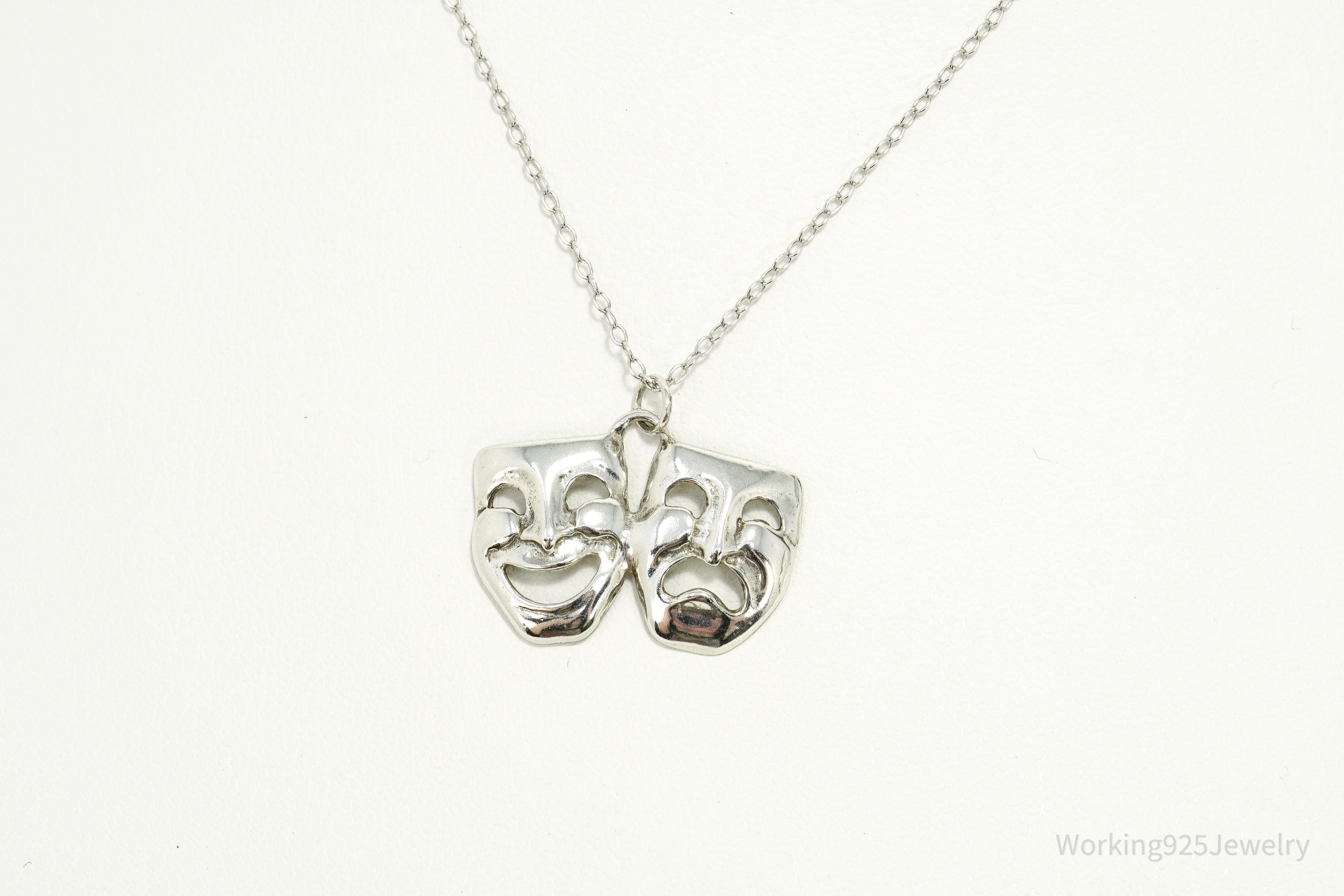 Vintage Tragedy Comedy Masks Sterling Silver Necklace 18"