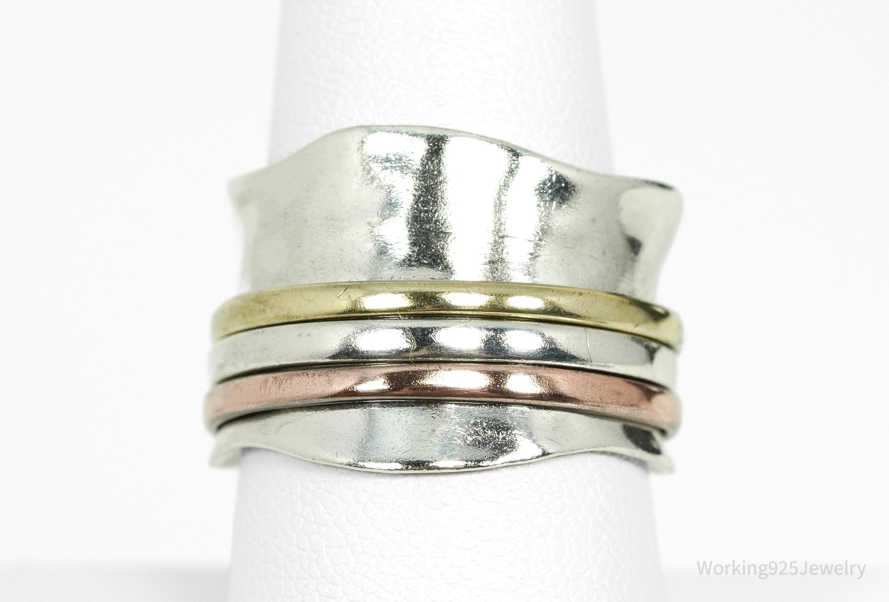 Vintage Brass & Copper Sterling Silver Spinner Band Ring- Size 8.25