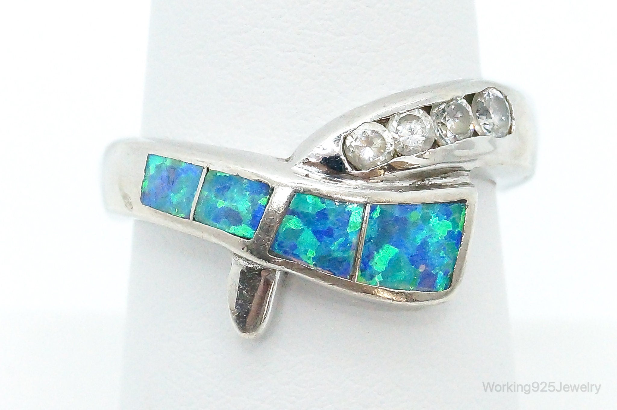 Designer AK Cubic Zirconia Opal Sterling Silver Ring - Size 7