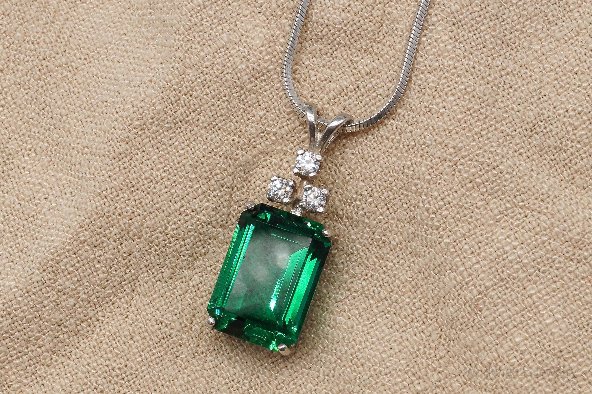 Vintage Lab Emerald Cubic Zirconia Sterling Silver Necklace 20"