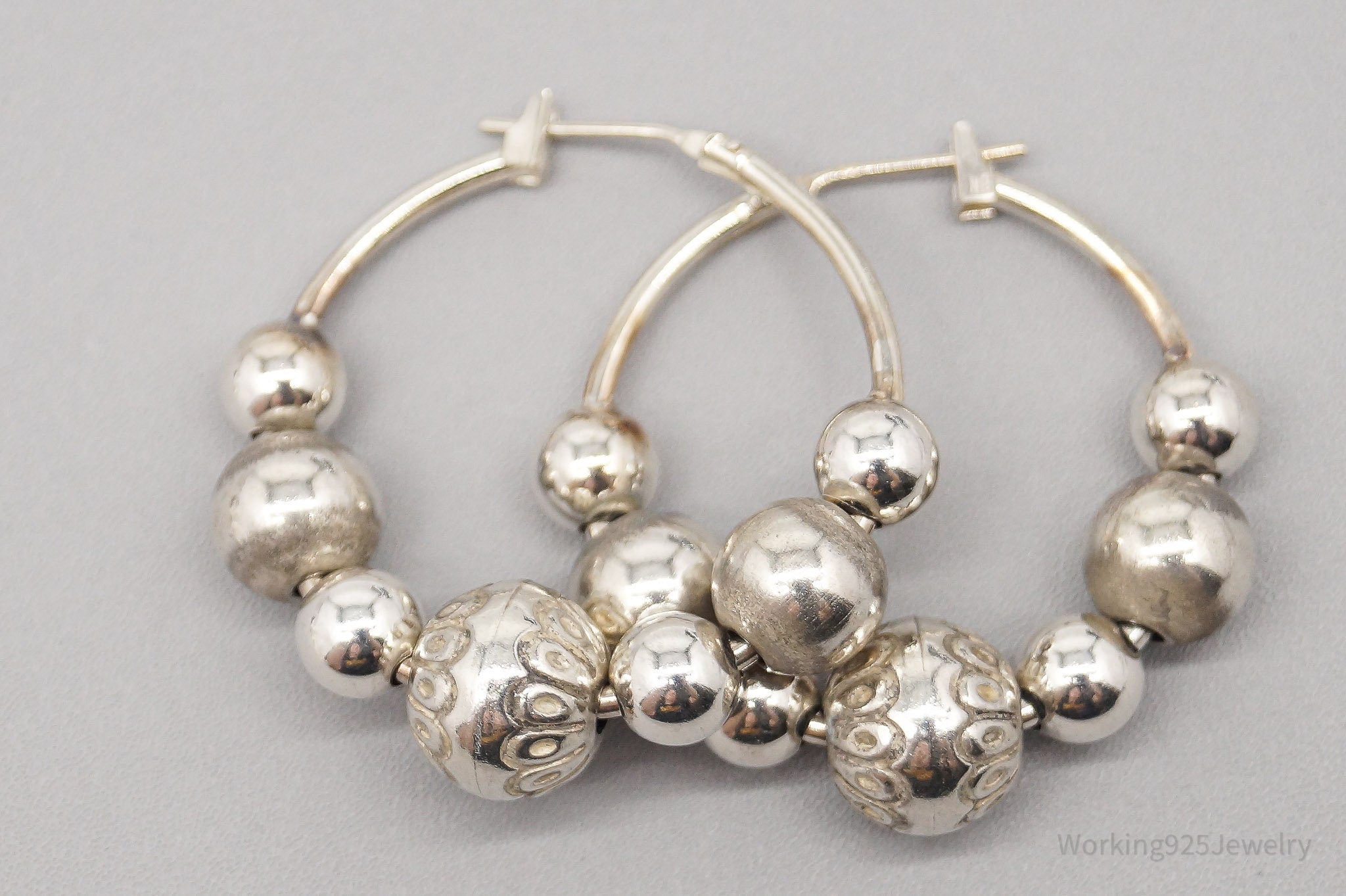 Vintage Puffy Bead Sterling Silver Hoop Earrings