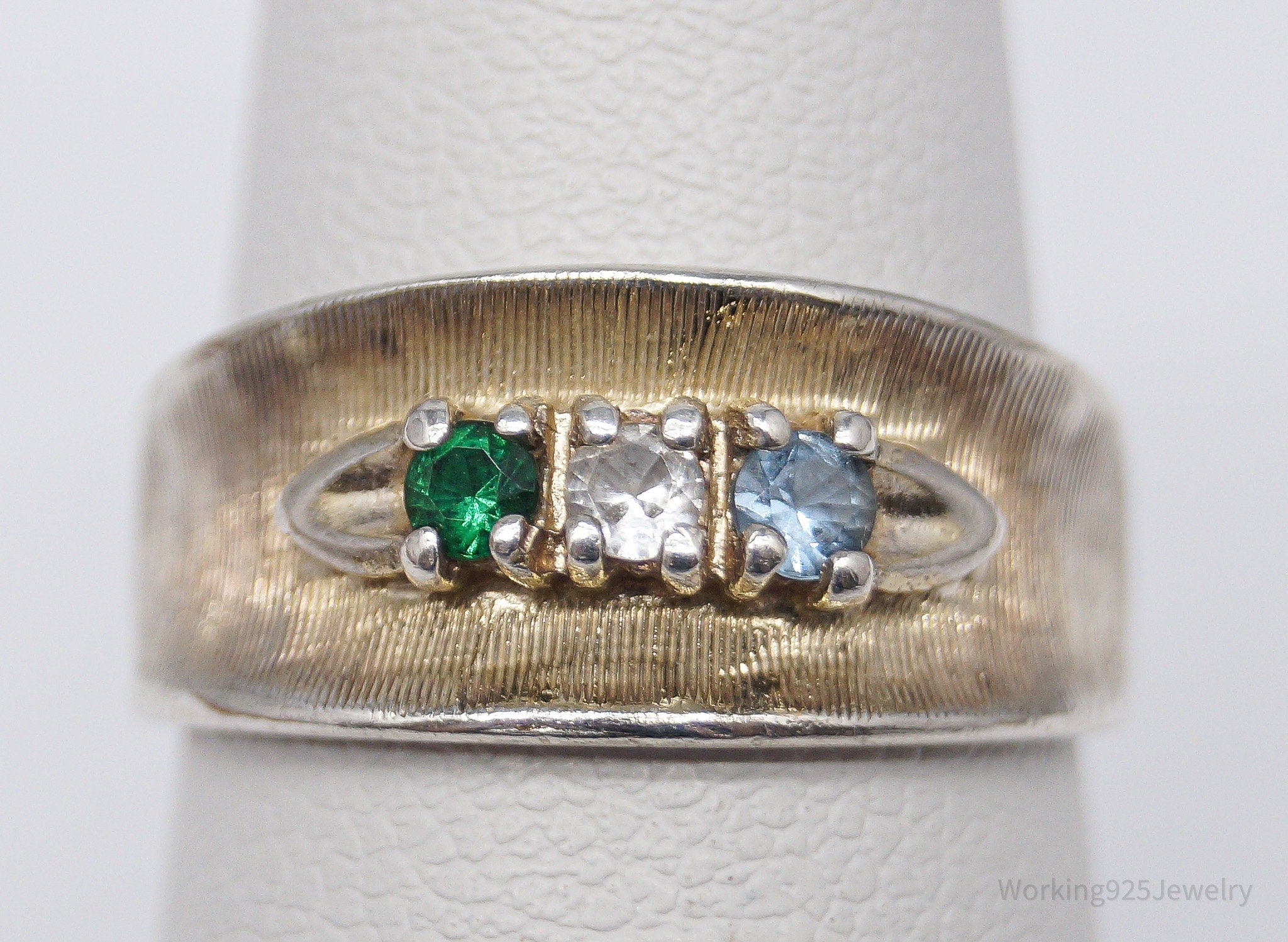 Vintage Green White & Blue Topaz Sterling Silver Band Ring - Size 6