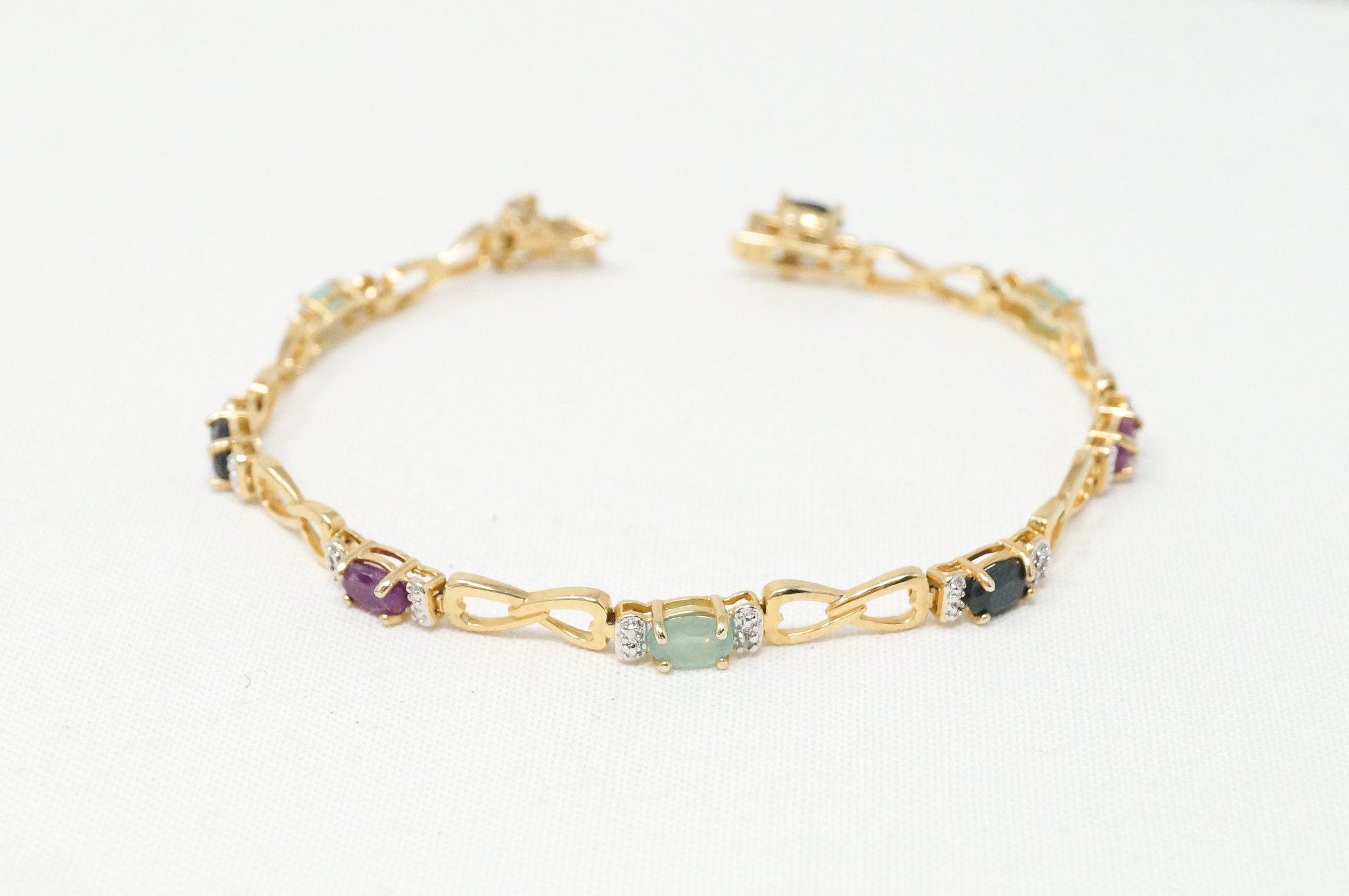Vtg Art Deco Ruby Emerald Blue Sapphire Gold Vermeil Sterling Silver Bracelet
