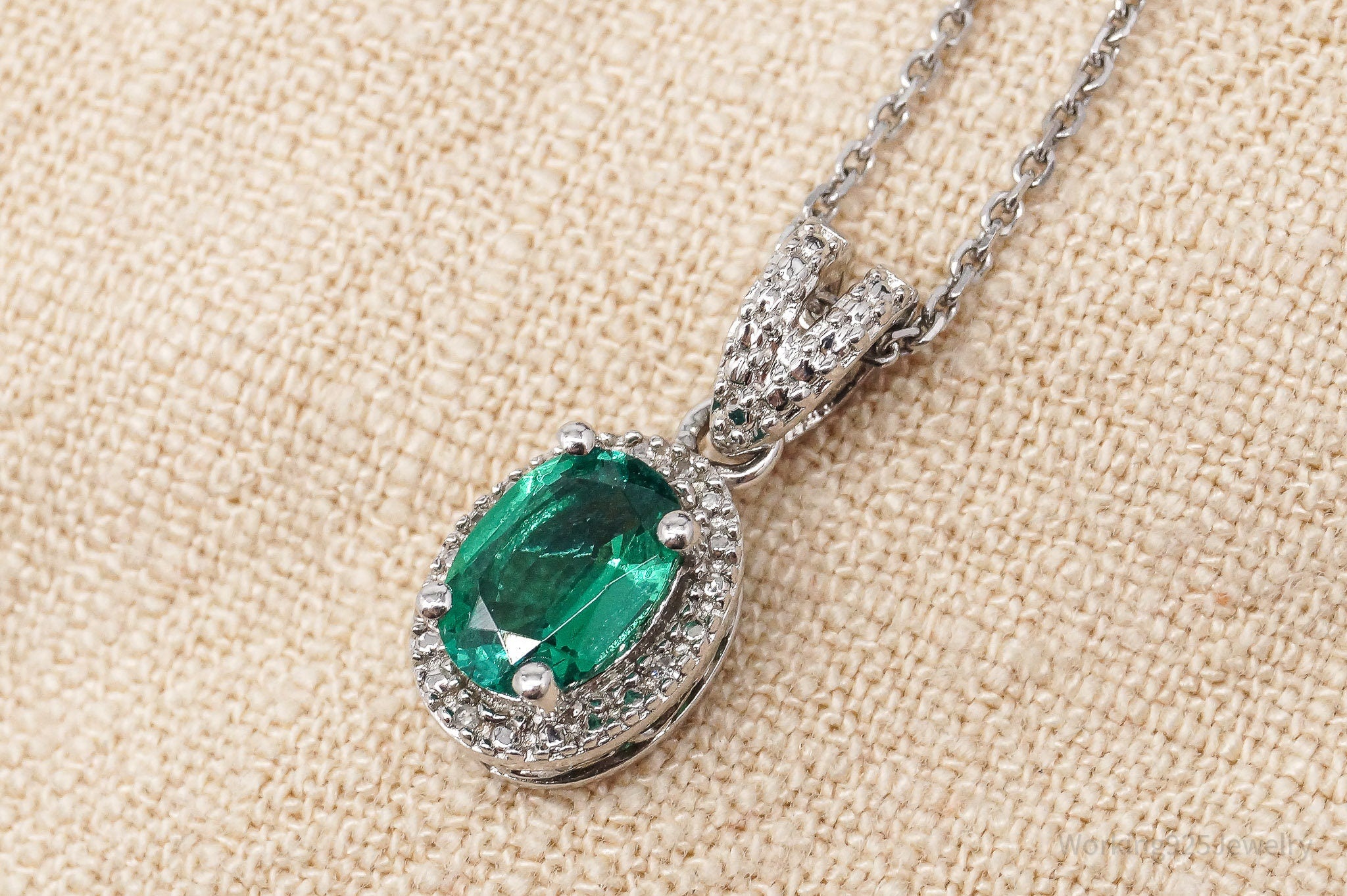 Vintage Lab Emerald Diamond Sterling Silver Necklace 22" Adjustable