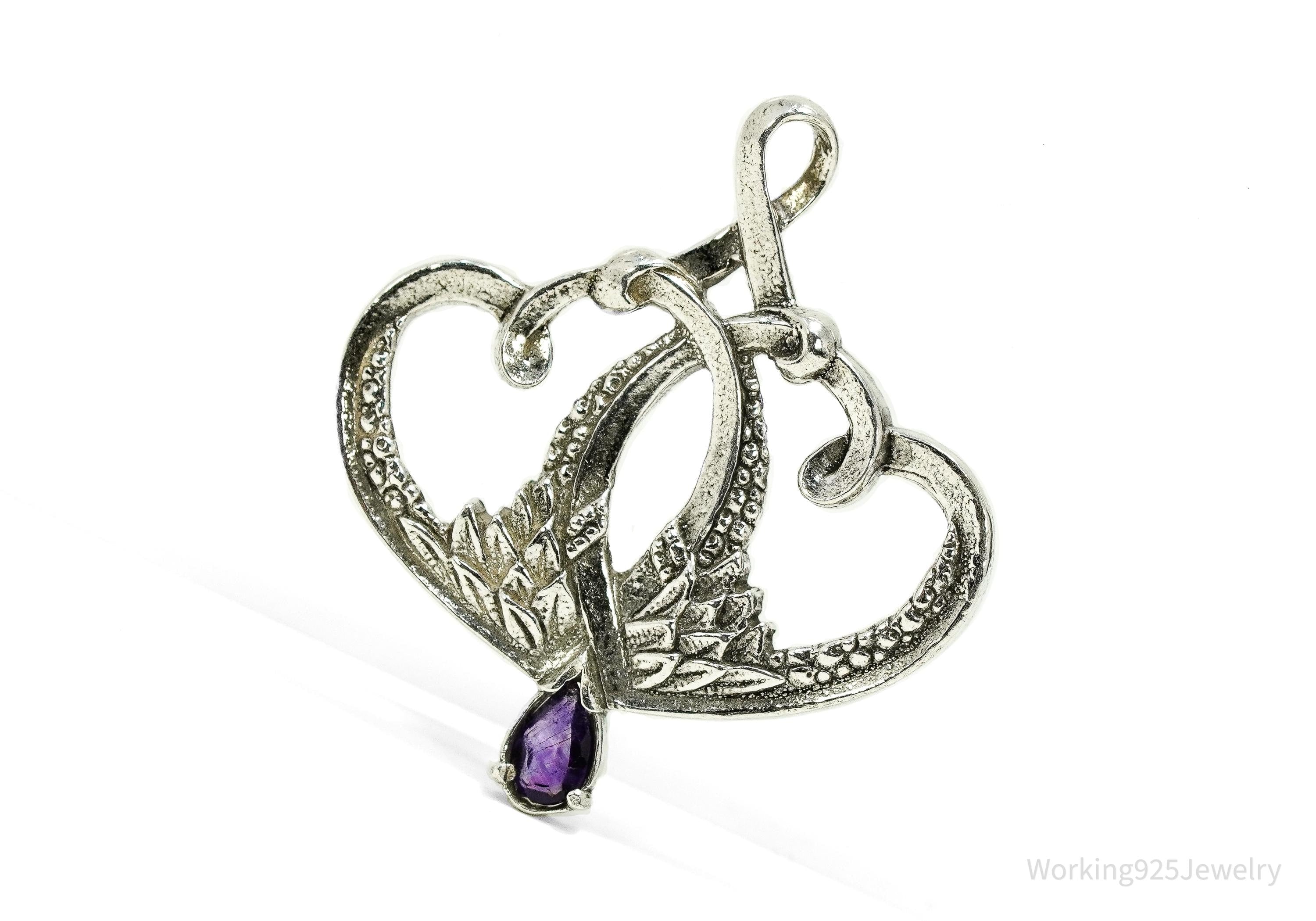 Vintage 1893 GRADH Franklin Mint Double Heart Amethyst Sterling Silver Pendant