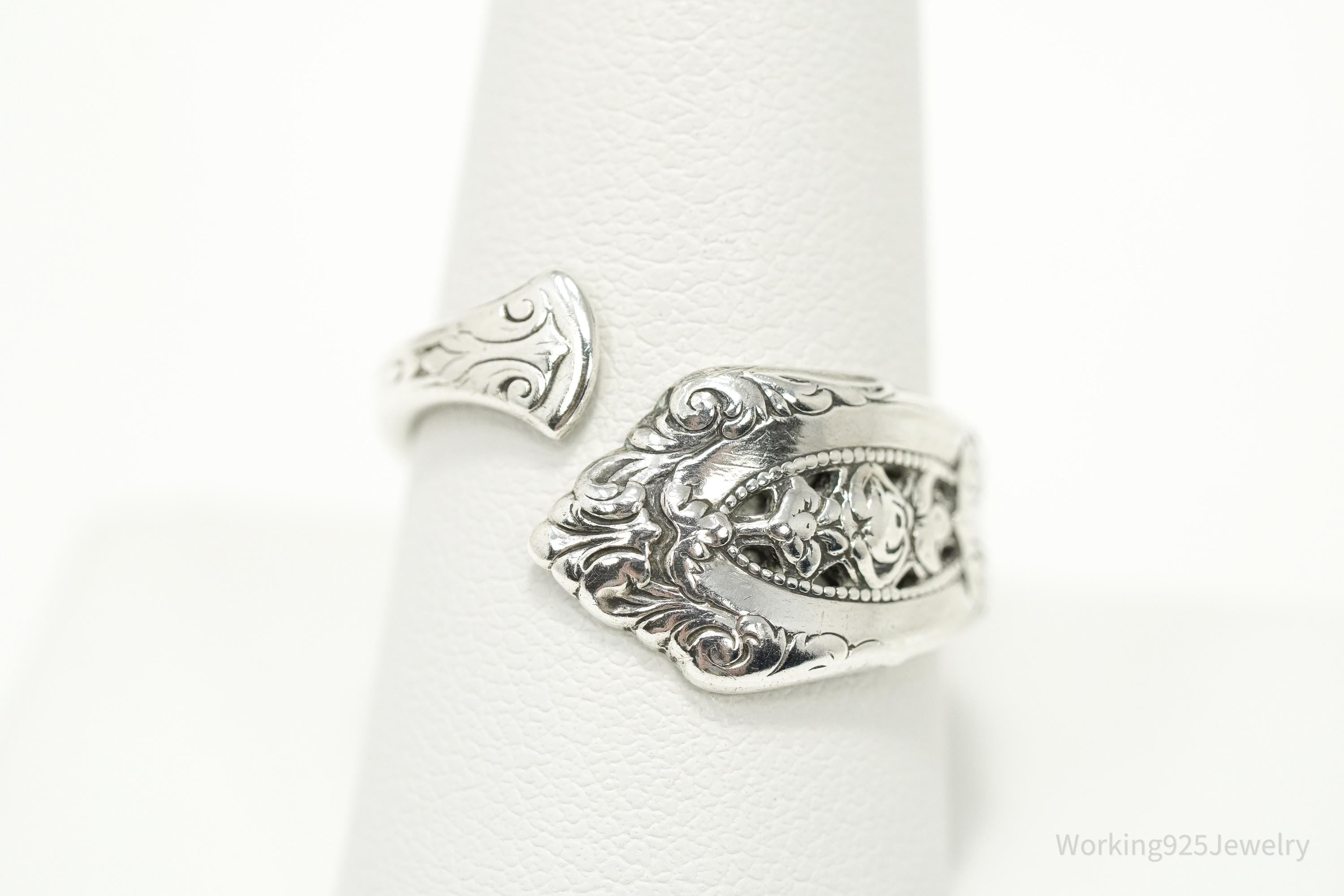 Antique WALLACE Floral Sterling Silver Spoon Ring - Size 9.5