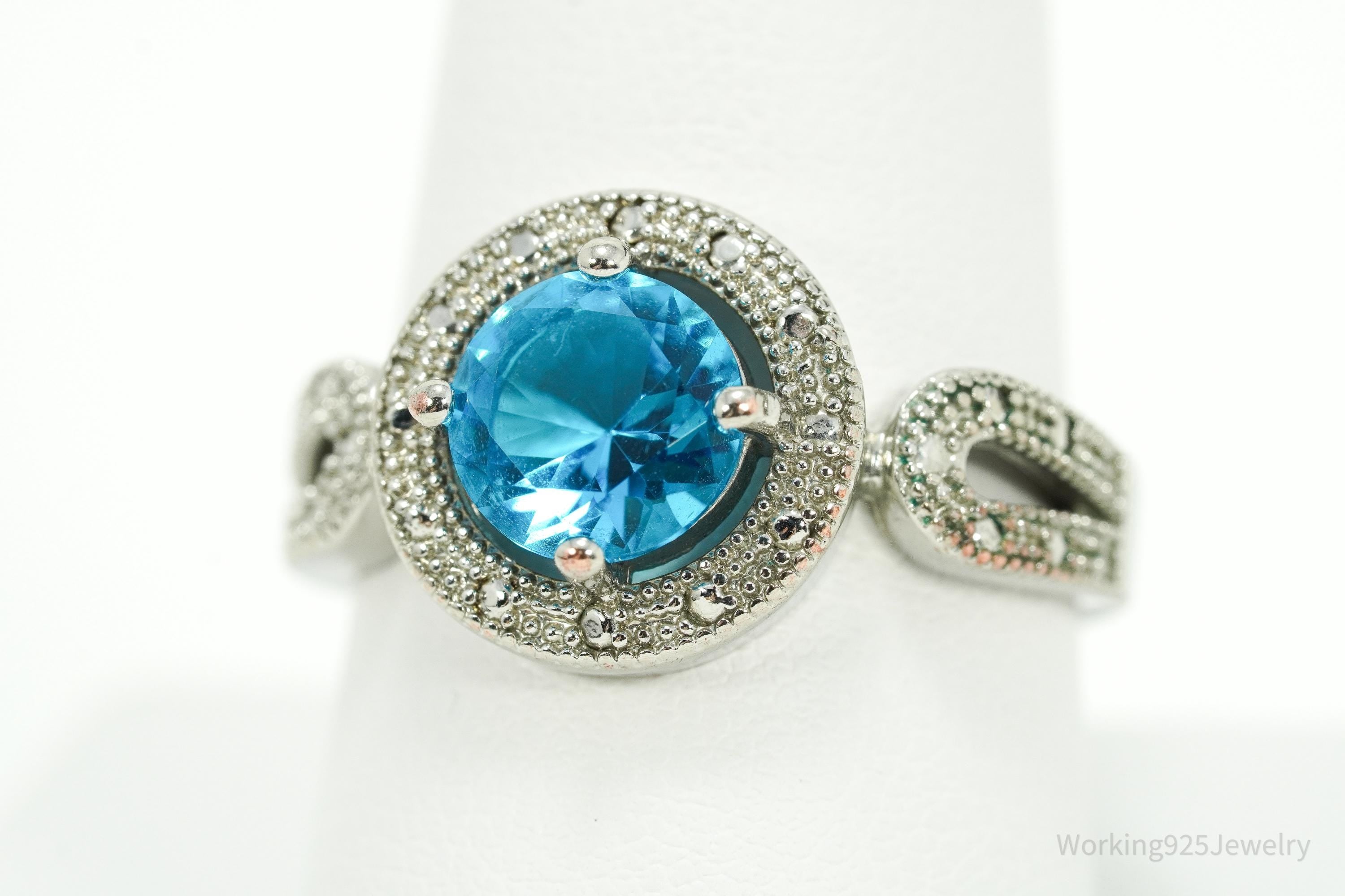 Vintage Faux Blue Topaz Sterling Silver Plated Ring - Size 9.25