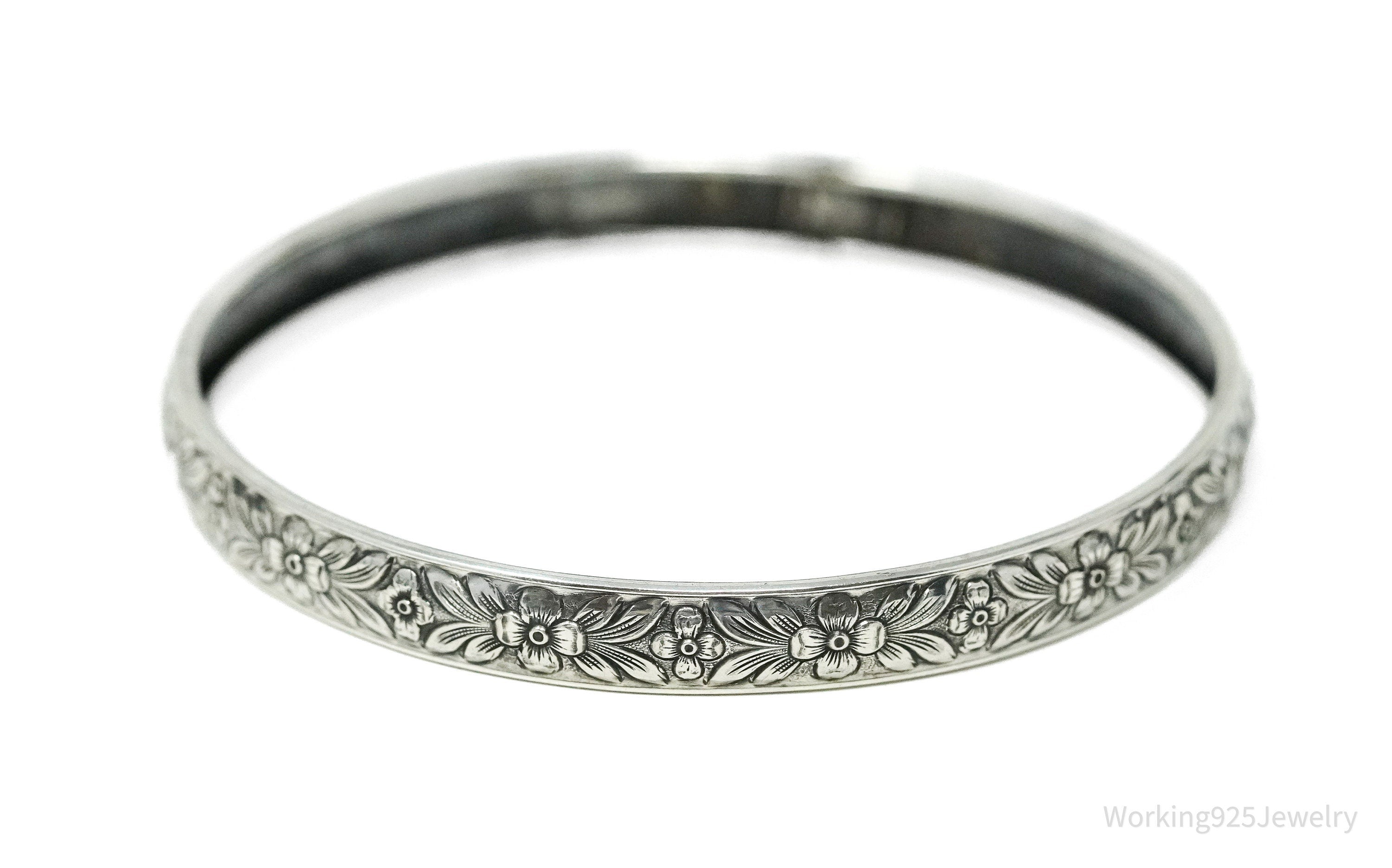 Antique Designer Lang Sterling Silver Floral Bangle Bracelet 8"