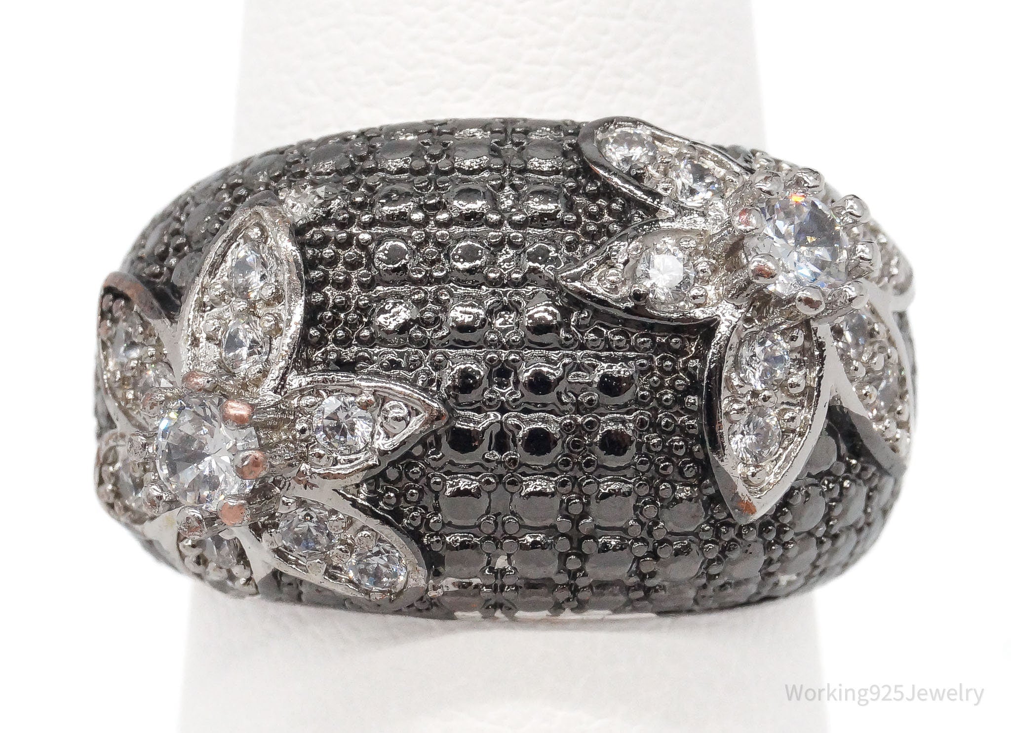 Vintage Cubic Zirconia Flowers Sterling Silver Plated Ring - Size 6