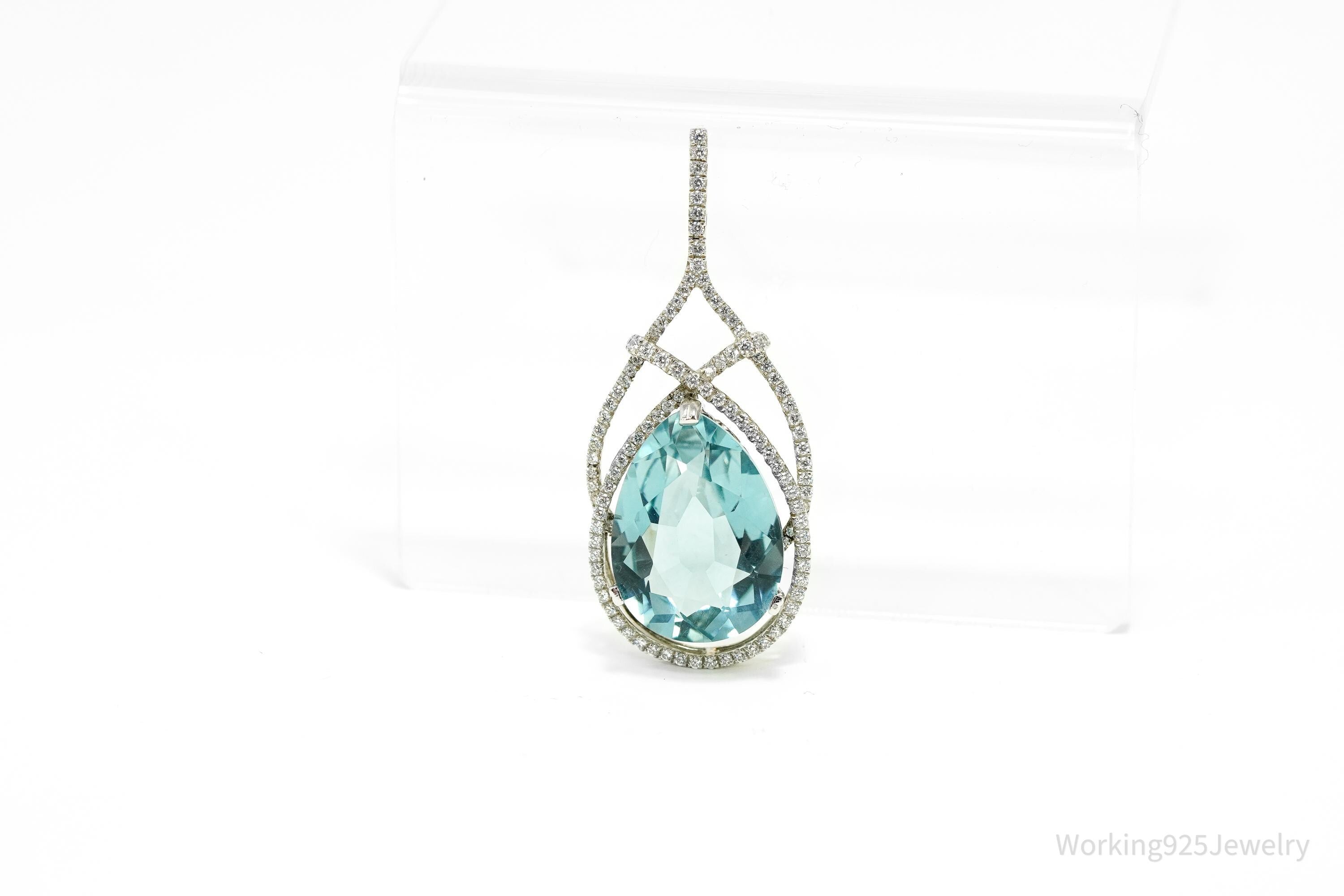 STAUER Large Blue Topaz & White Zircon Sterling Silver Pendant