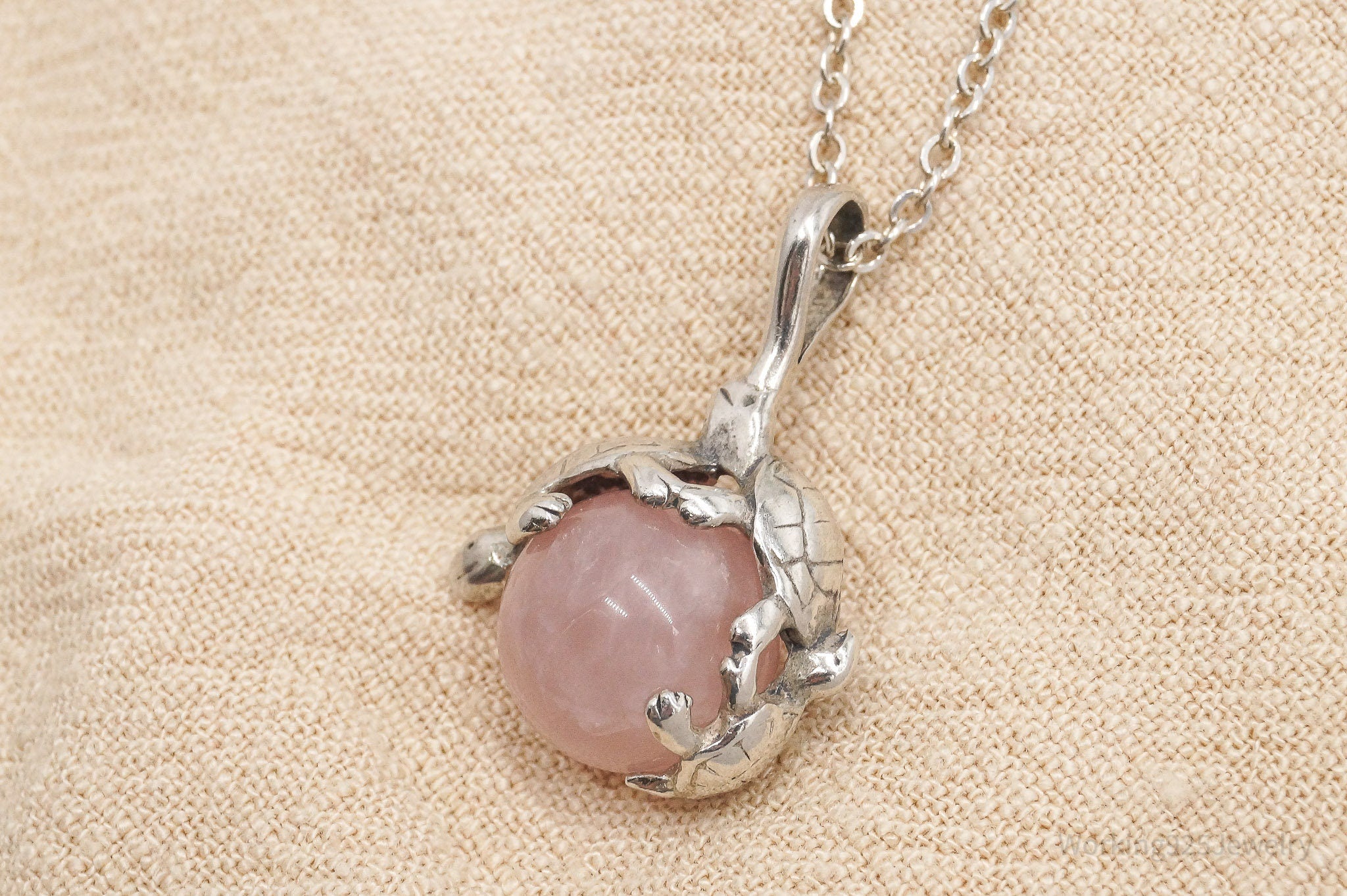 Vintage Sea Turtles & Rose Quartz Sterling Silver Necklace 20"