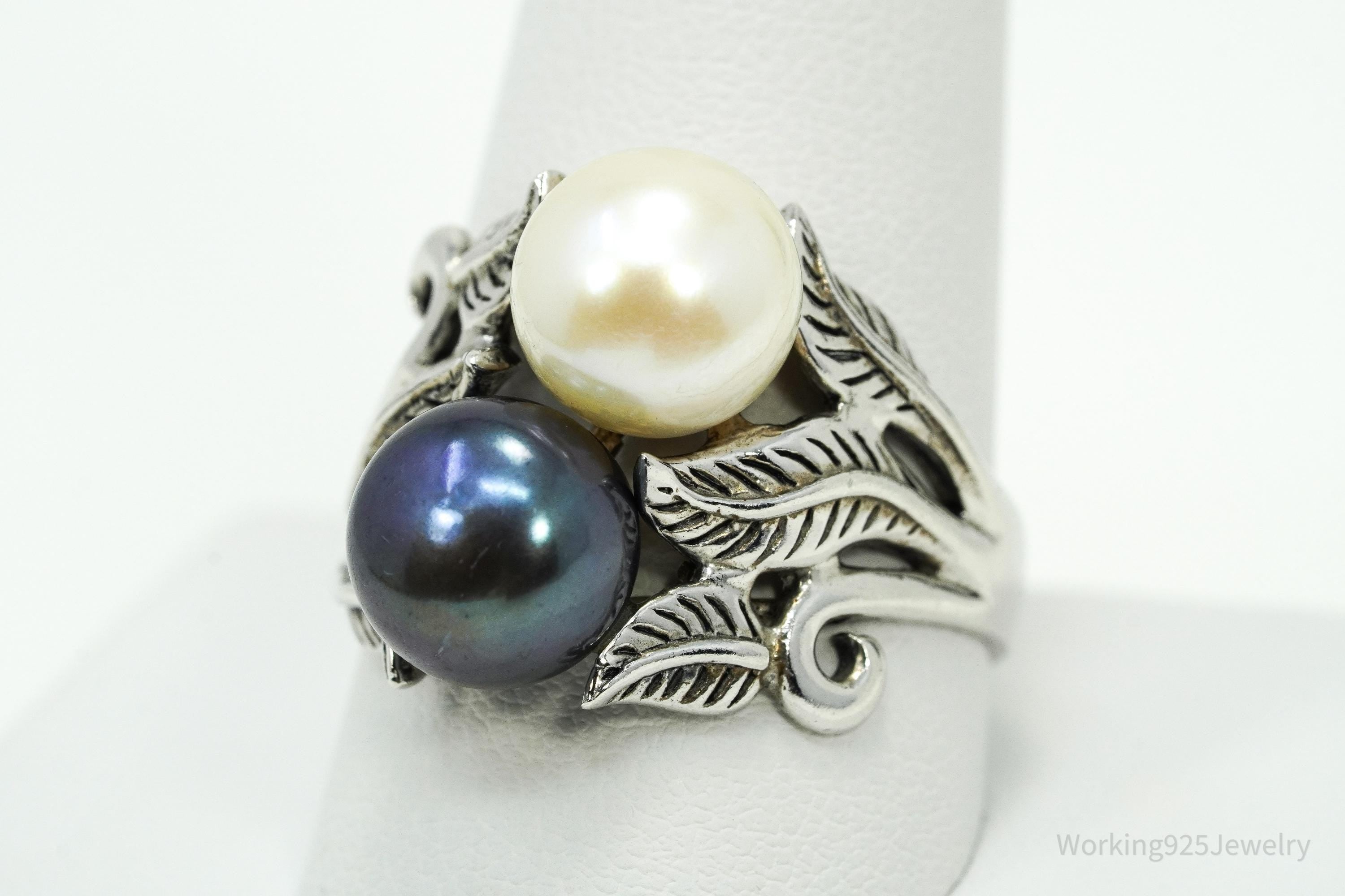 Vintage Designer CFJ White & Tahitian Pearl Sterling Silver Ring Size 10.75